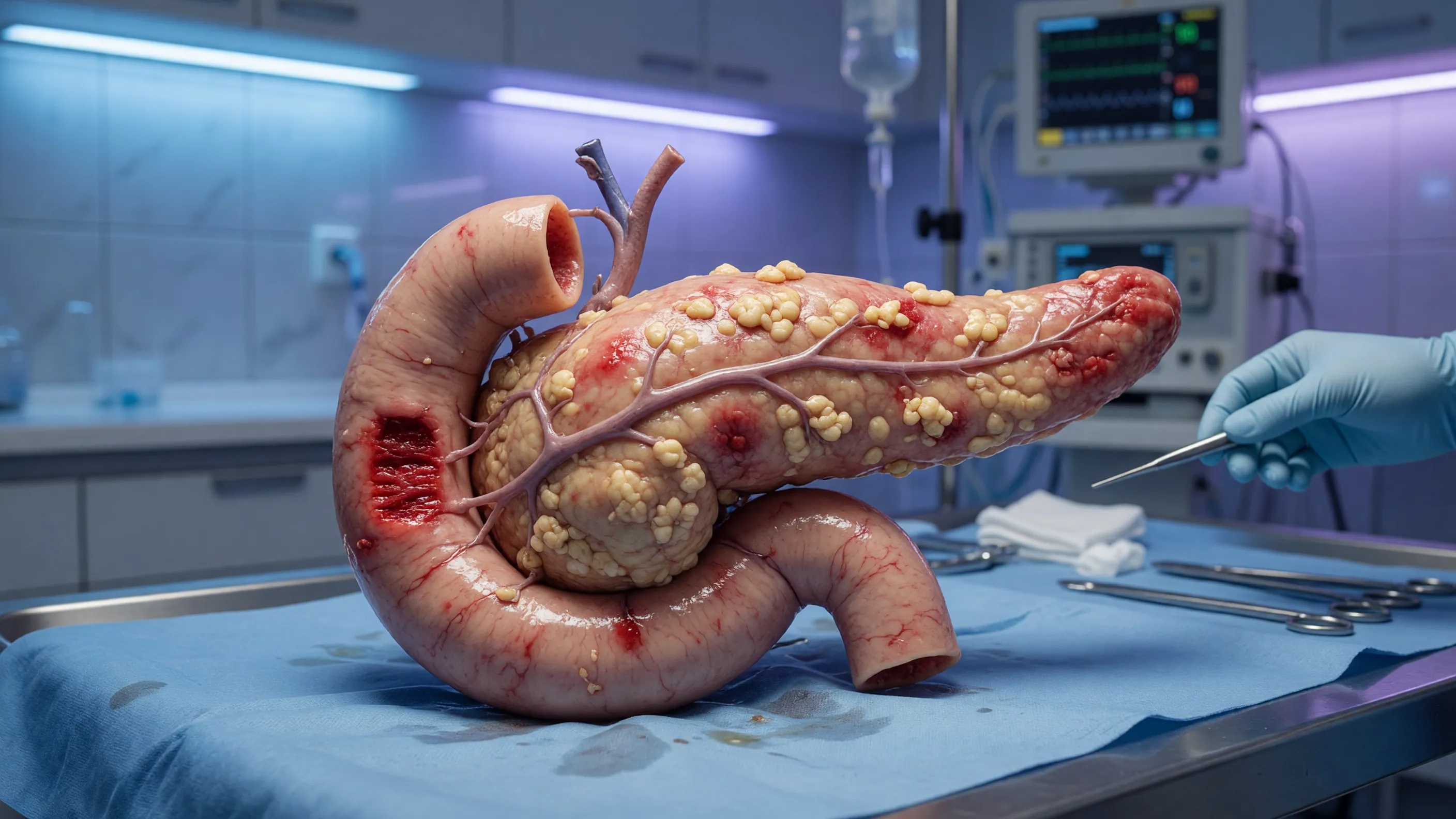 Medical illustration comparing acute vs chronic pancreatitis showing pancreas inflammation