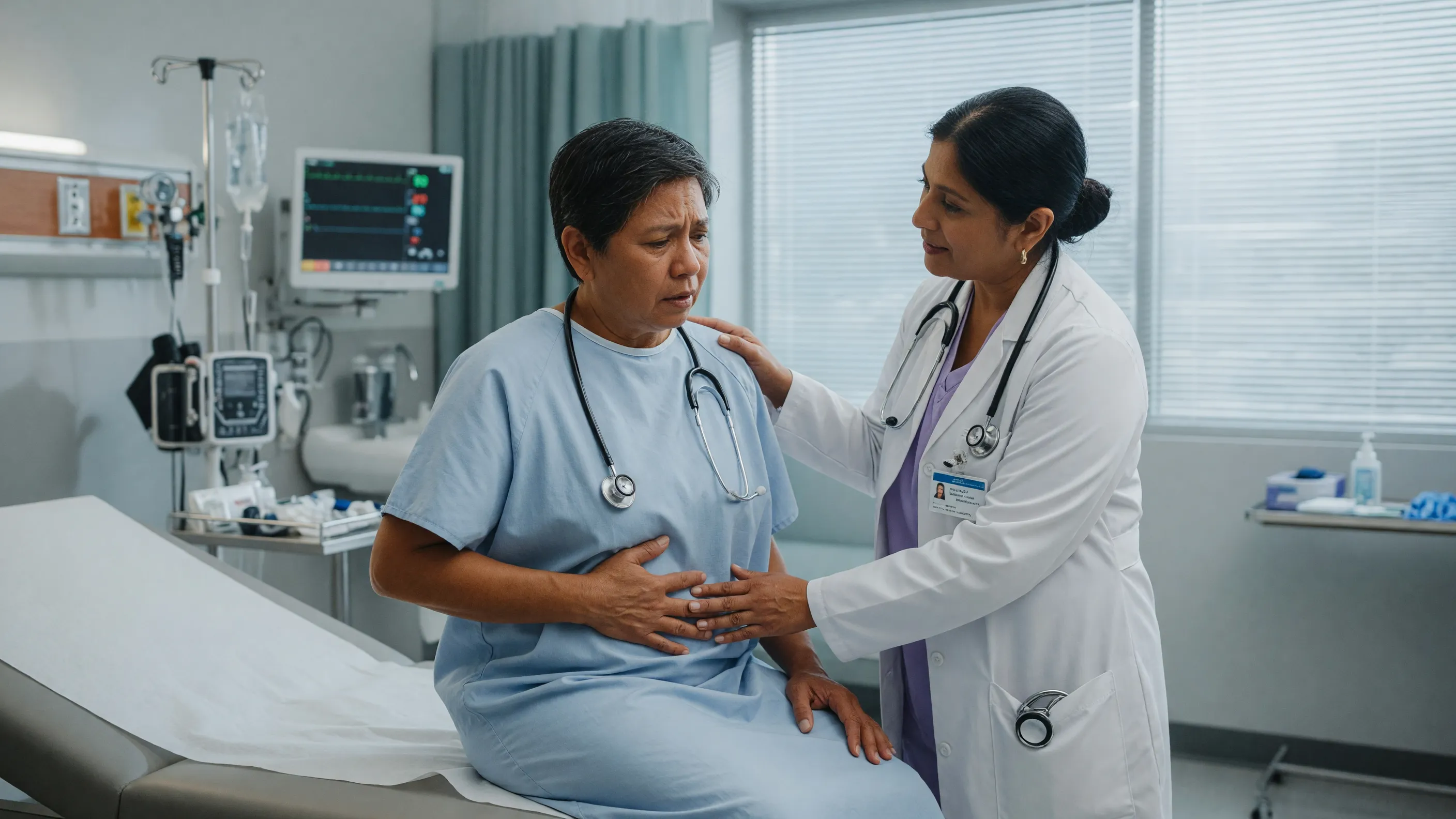Doctor examining patient with severe upper abdominal pain, illustrating acute pancreatitis symptoms needing urgent care