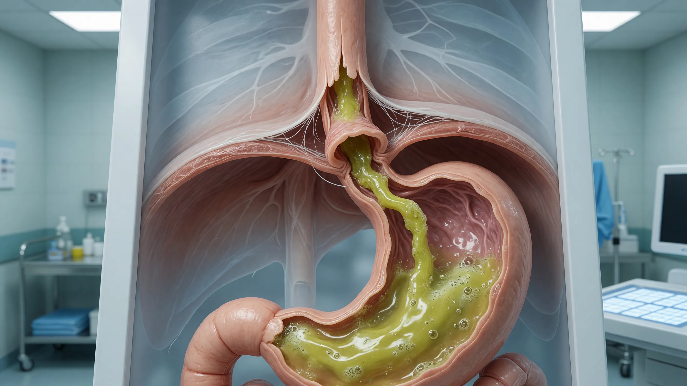 Illustration showing GERD causes with stomach acid refluxing into the esophagus through a weak sphincter
