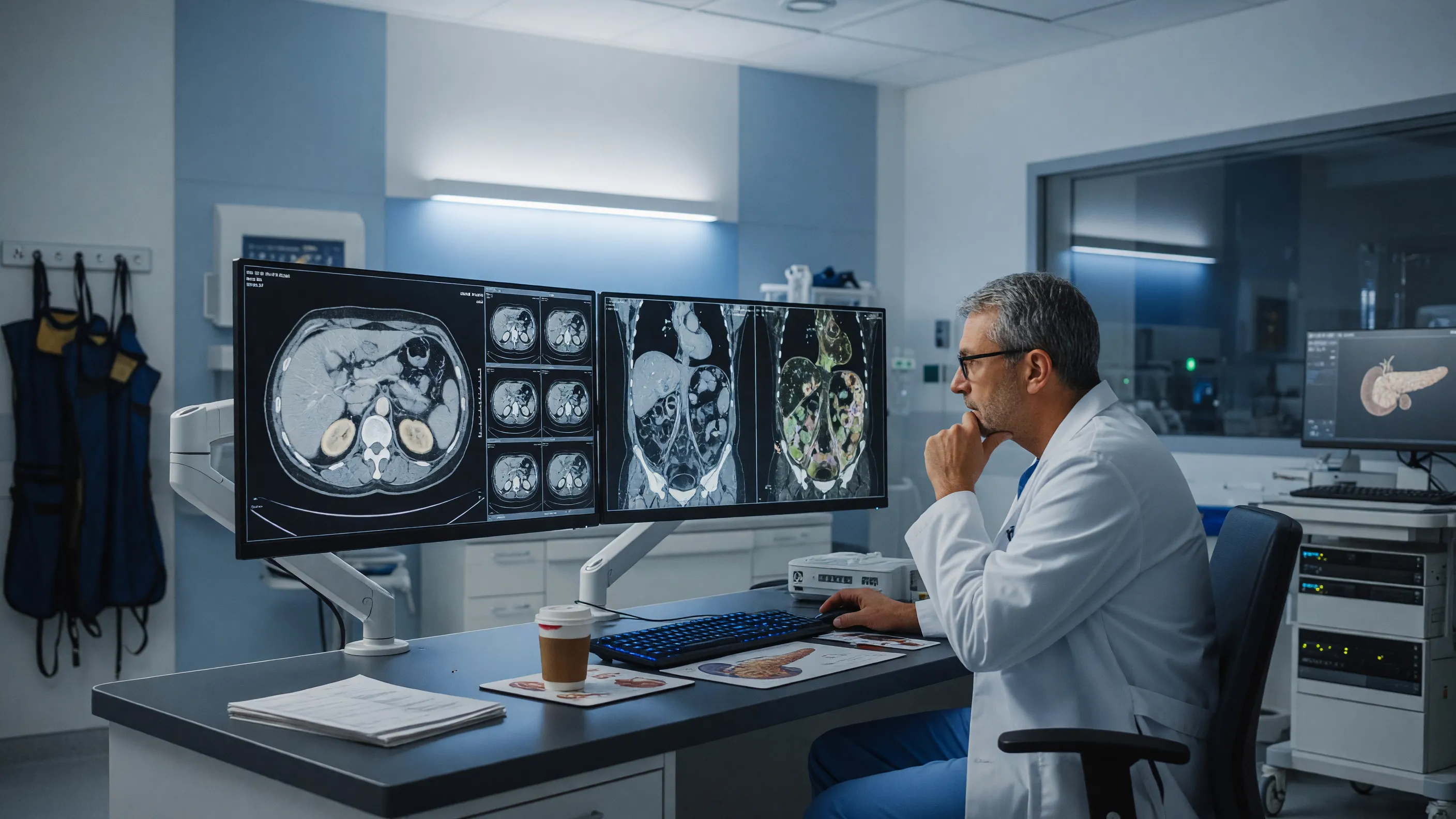Doctor reviewing abdominal scan to diagnose pancreatic disorders on a monitor