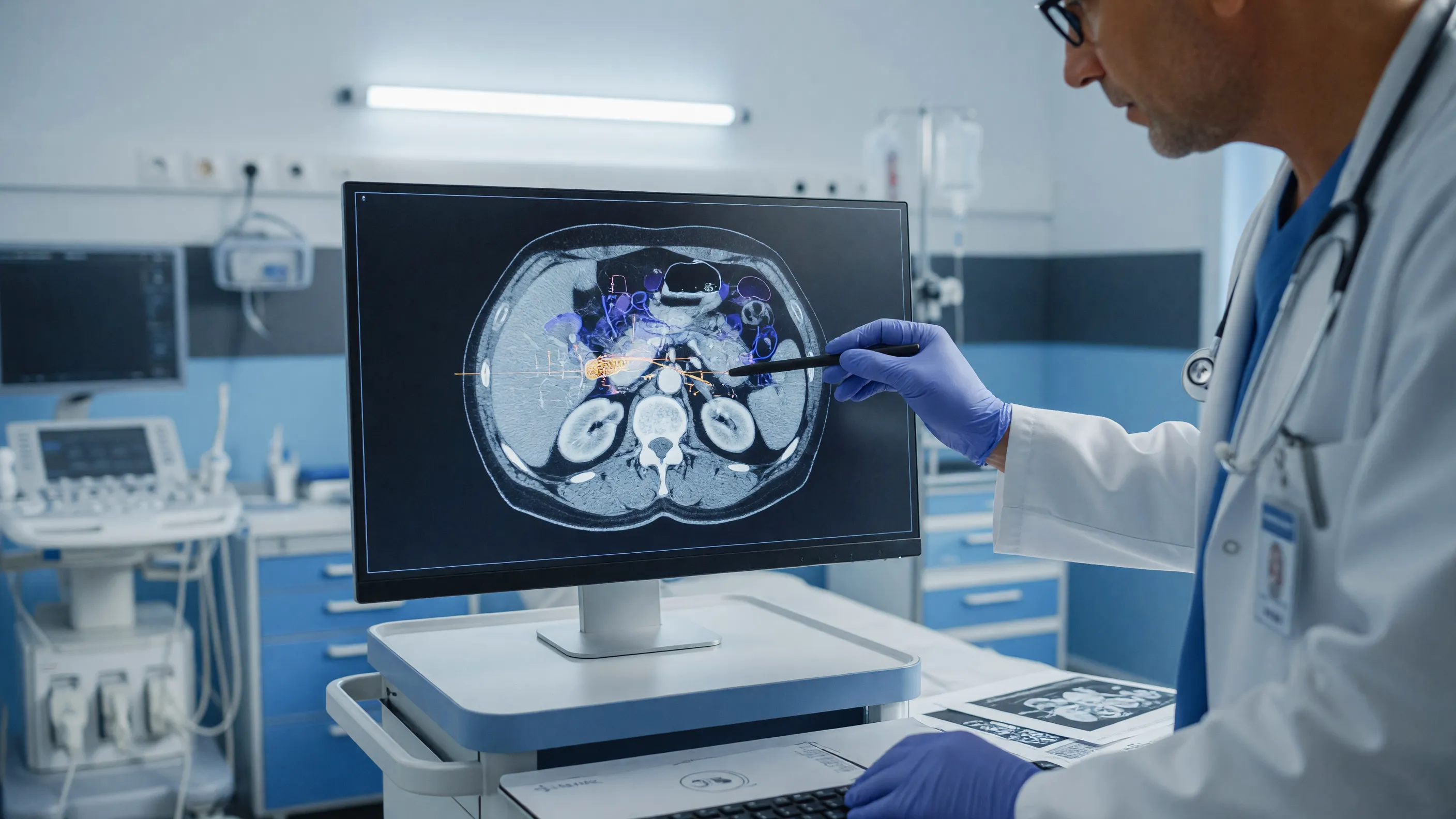 Doctor reviewing abdominal scan showing pancreatic pseudocyst symptoms and treatment options