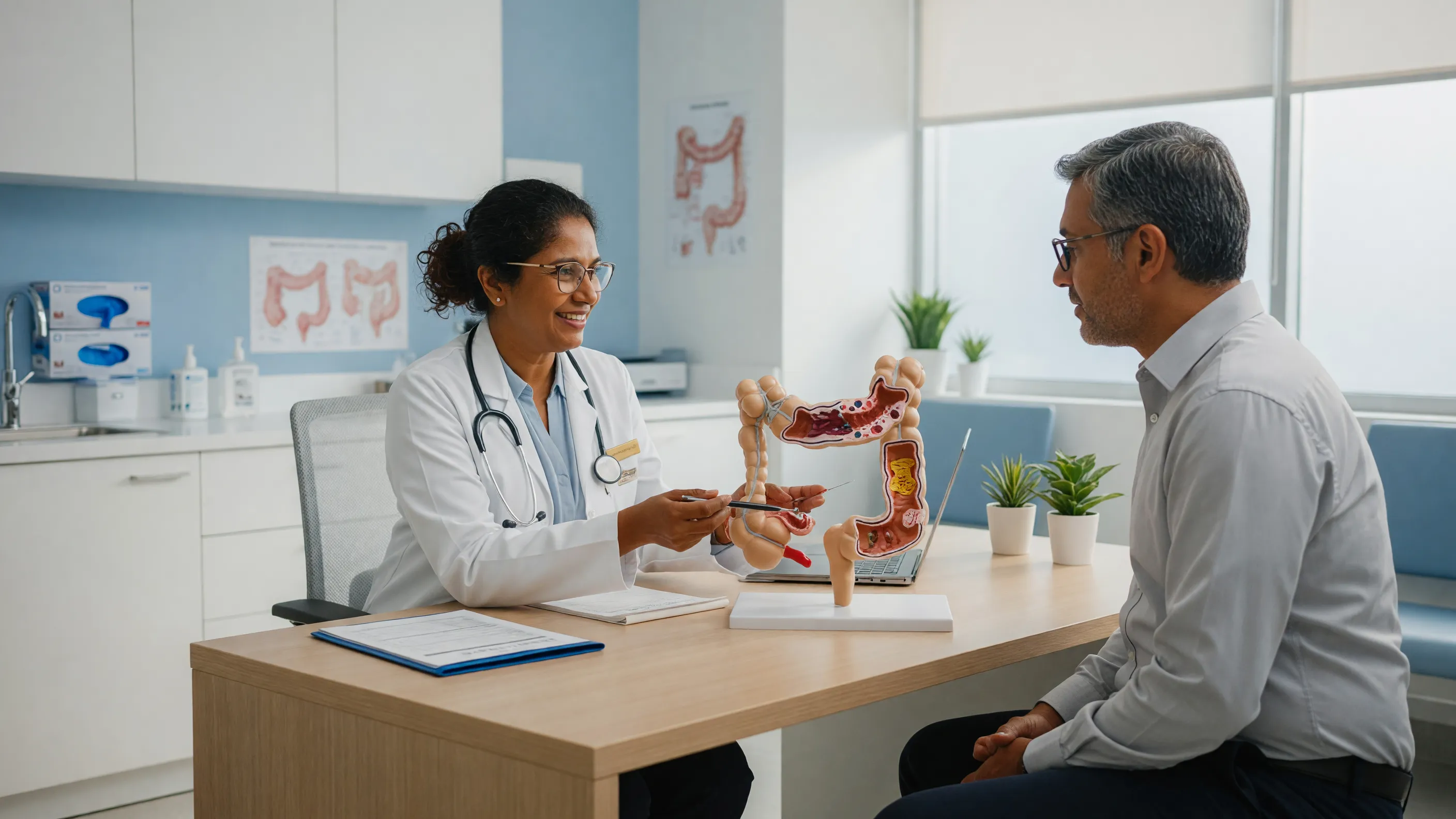Doctor explaining colon polyp symptoms and colonoscopy screening to a patient at Lux Hospitals