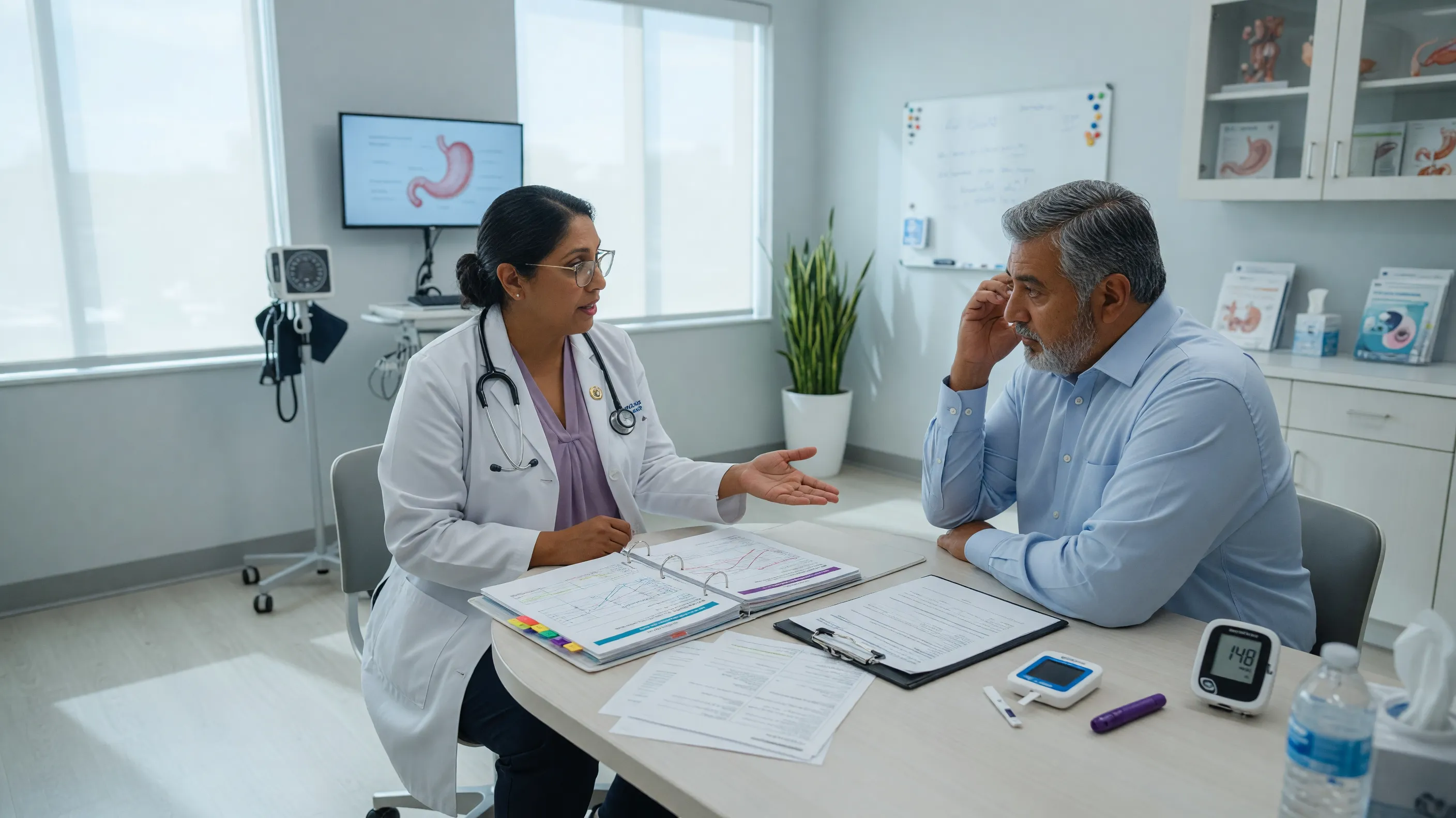 Surgeon consulting a patient about bariatric surgery for diabetes at a modern hospital