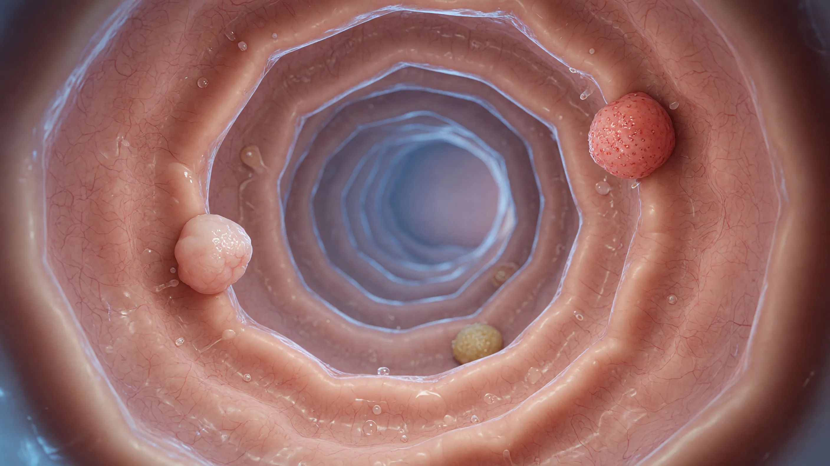 Medical illustration showing colon polyp causes and growths on the intestinal lining