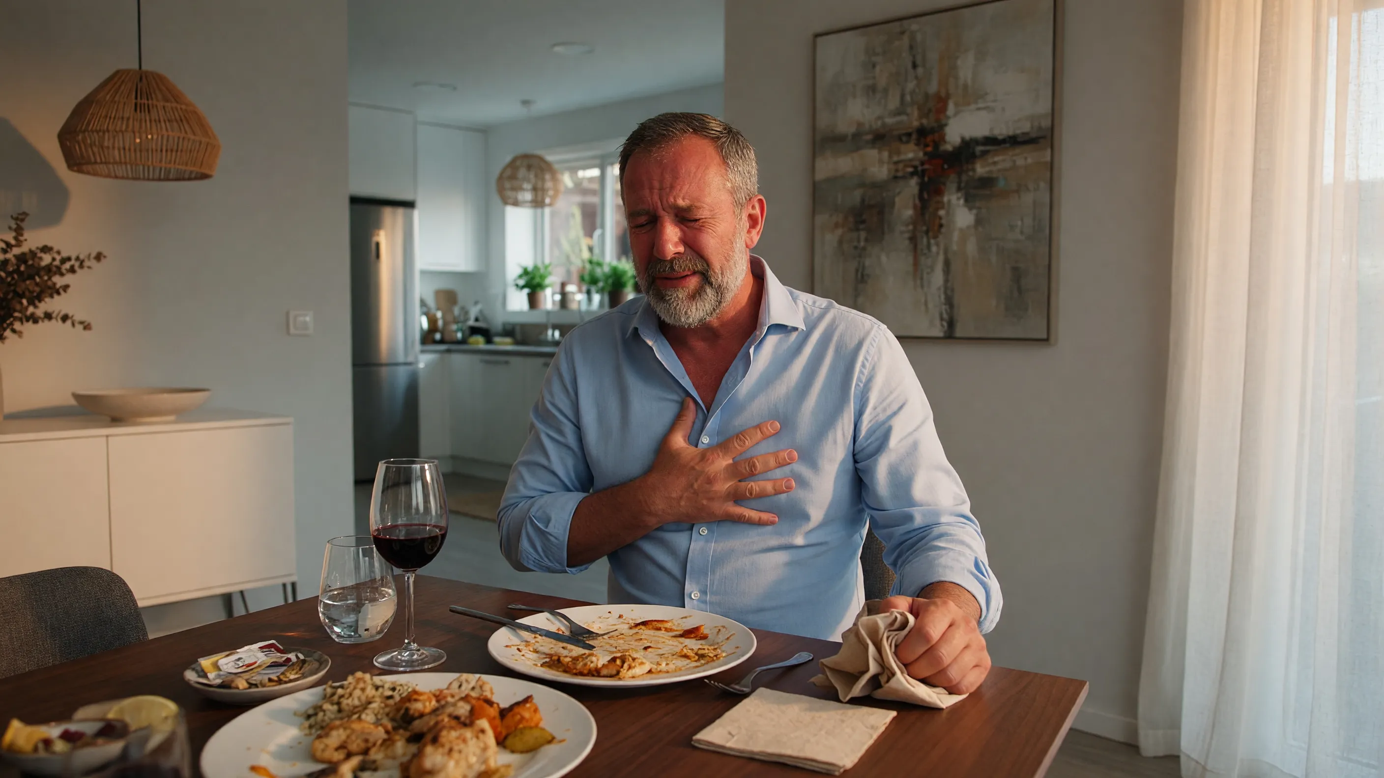 Man experiencing heartburn after eating causes, holding his chest in discomfort at the dining table