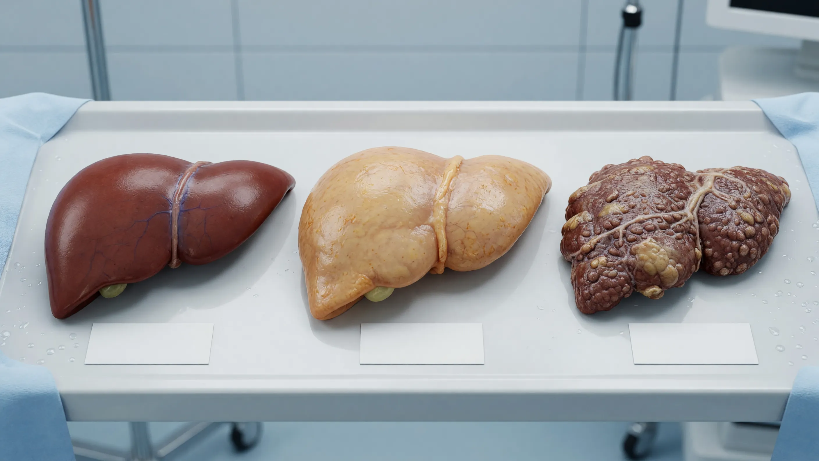 Medical illustration comparing fatty liver vs cirrhosis showing healthy, fatty, and scarred liver stages