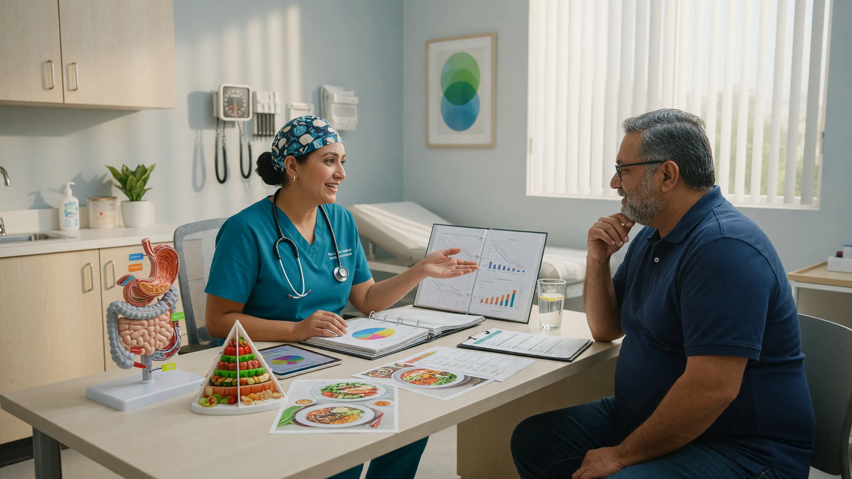 Surgeon discussing bariatric surgery for diabetes with an overweight patient in a modern hospital