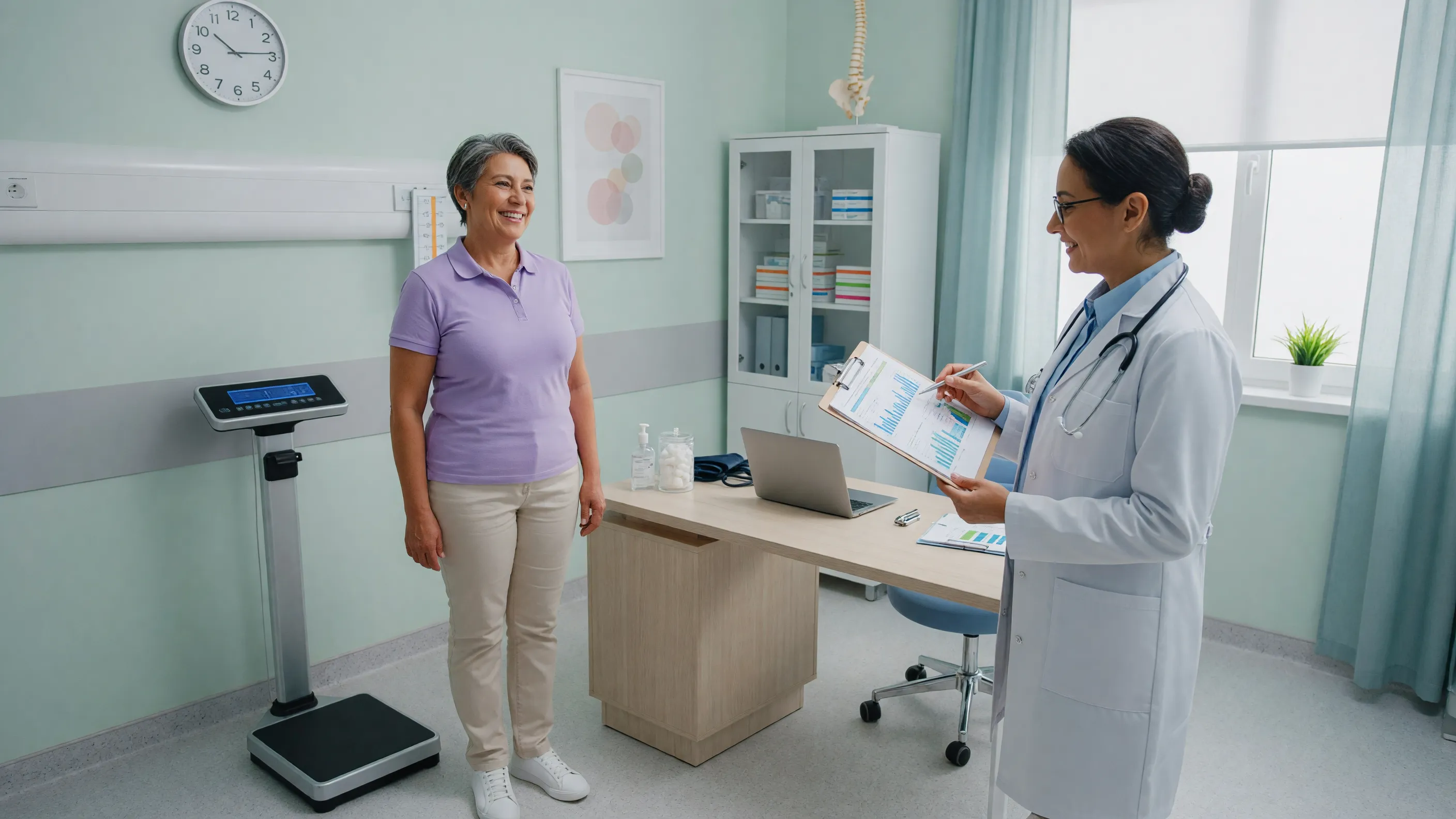 Healthy person on scale showing benefits of weight loss after losing 10% of body weight