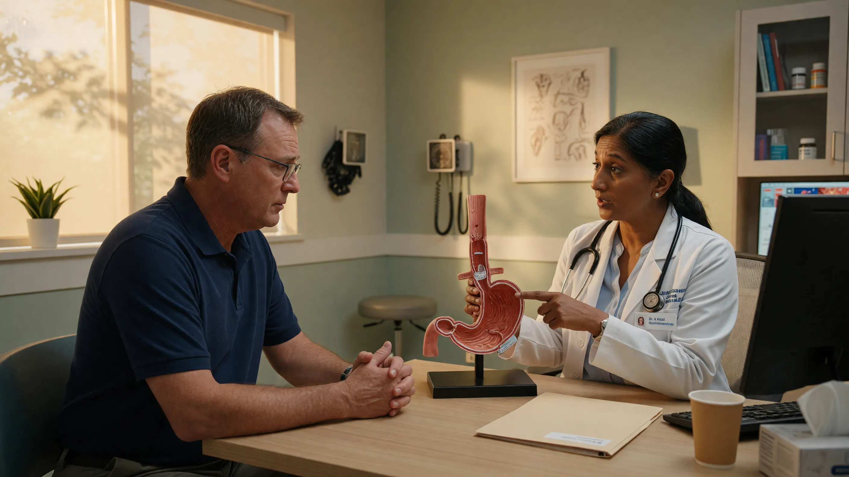 Doctor examining a patient with difficulty swallowing food to check for achalasia