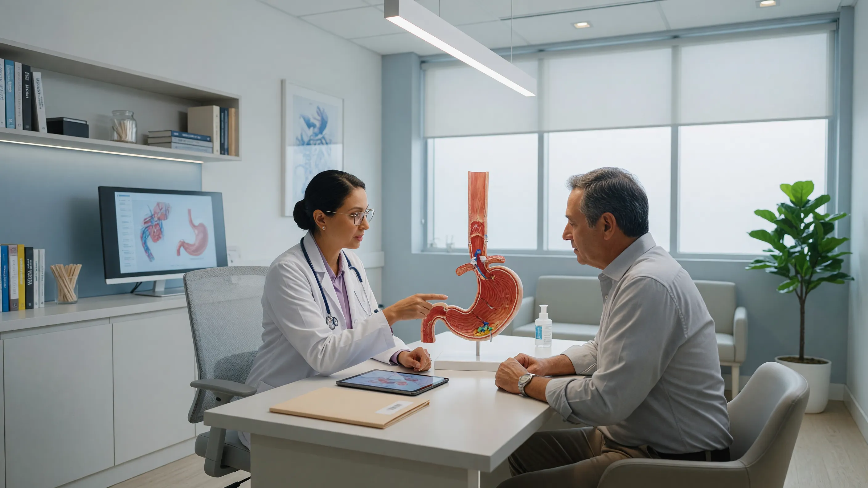 Doctor explaining achalasia treatment options to a patient during consultation