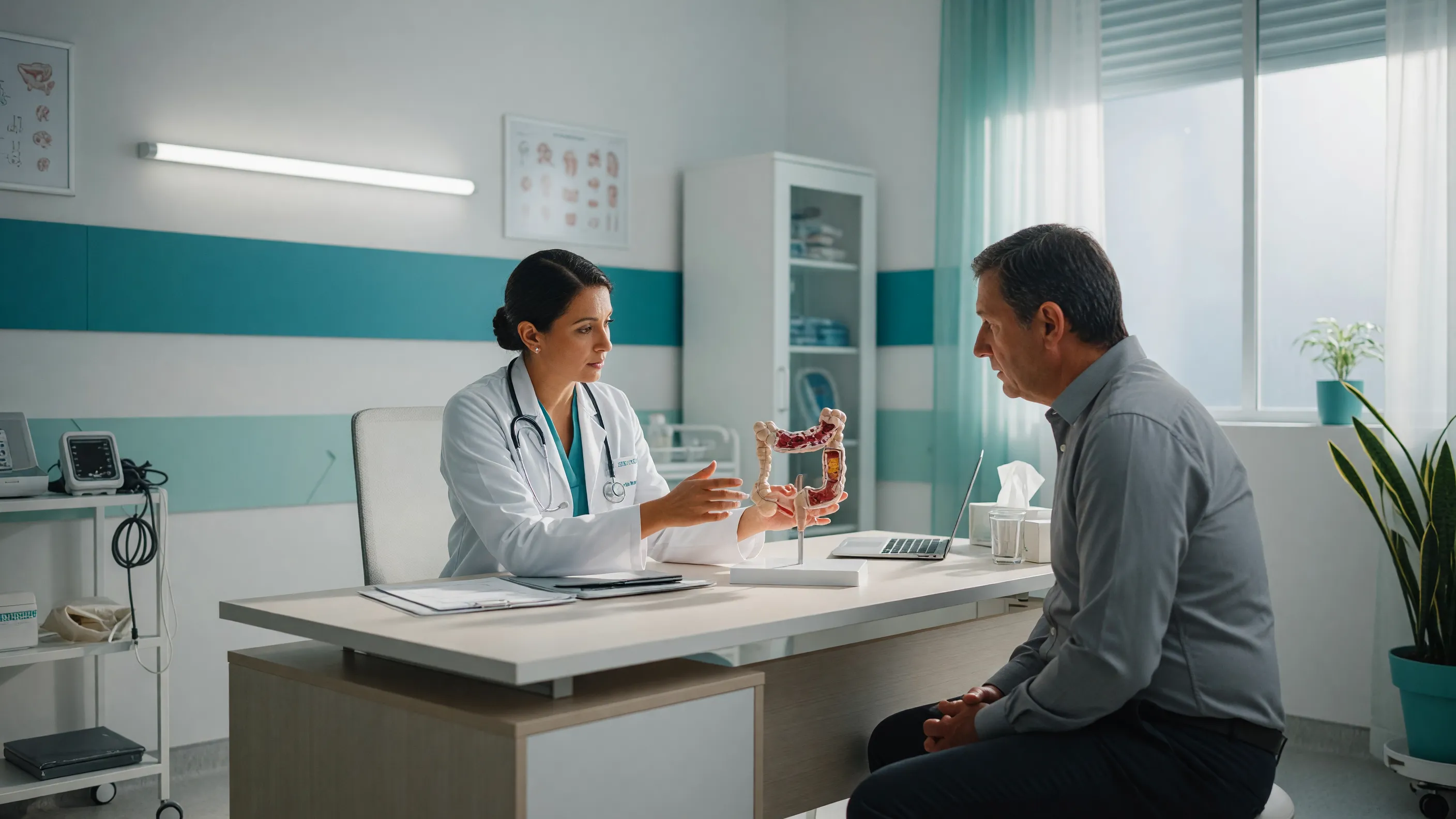 Colorectal specialist explaining rectal cancer symptoms to a patient using an anatomical model at Lux Hospitals