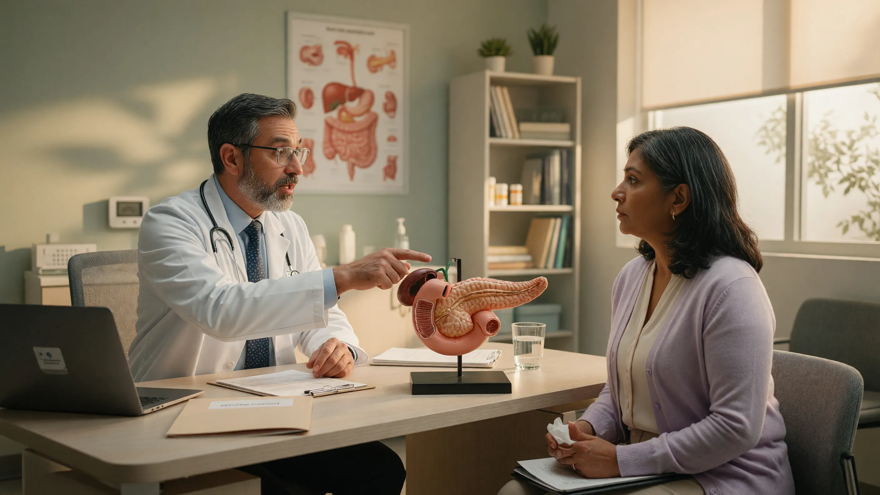 Doctor explaining chronic pancreatitis symptoms and causes using a pancreas model to a patient