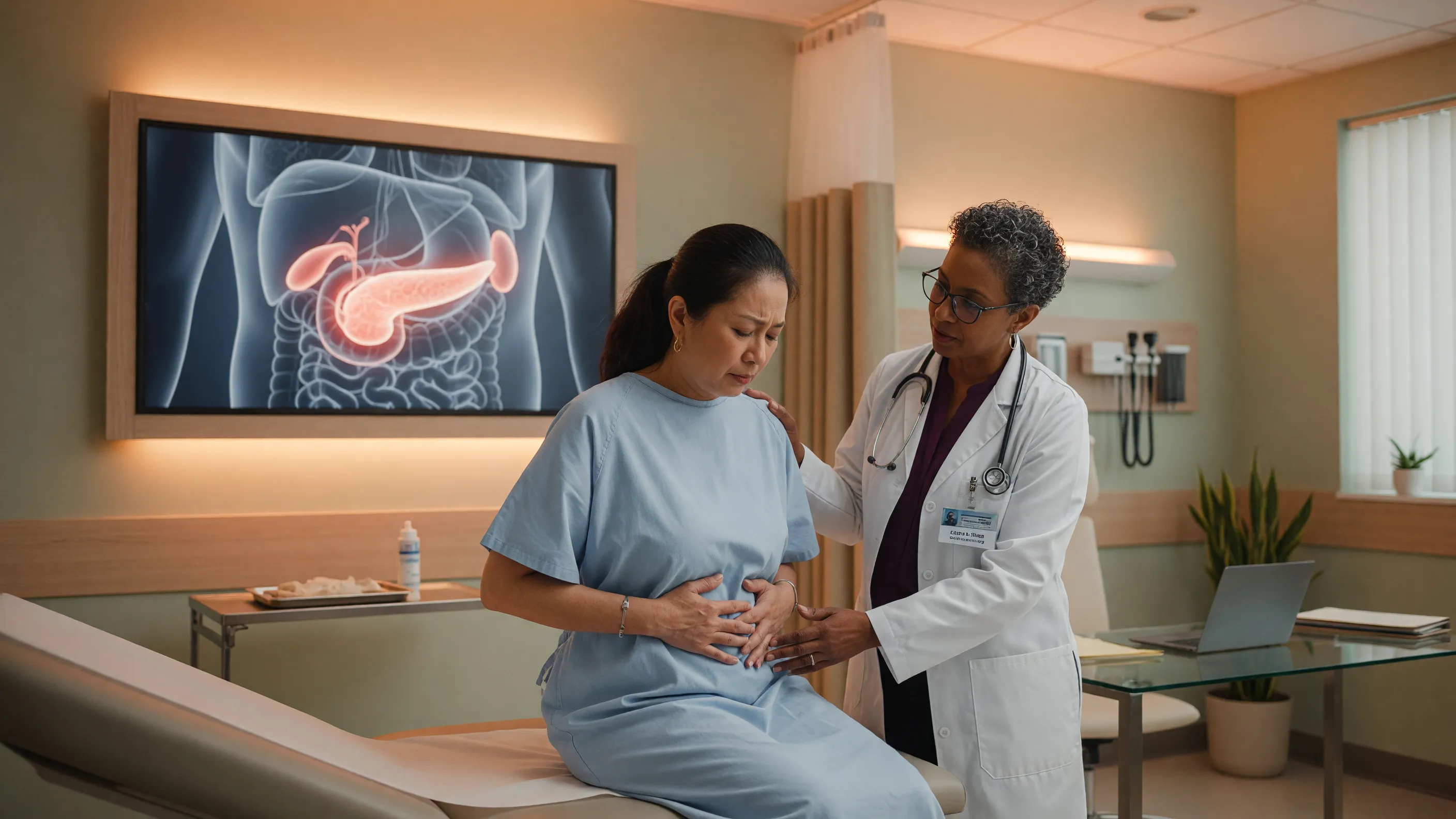 Doctor examining a patient showing early pancreatic disease symptoms during a consultation