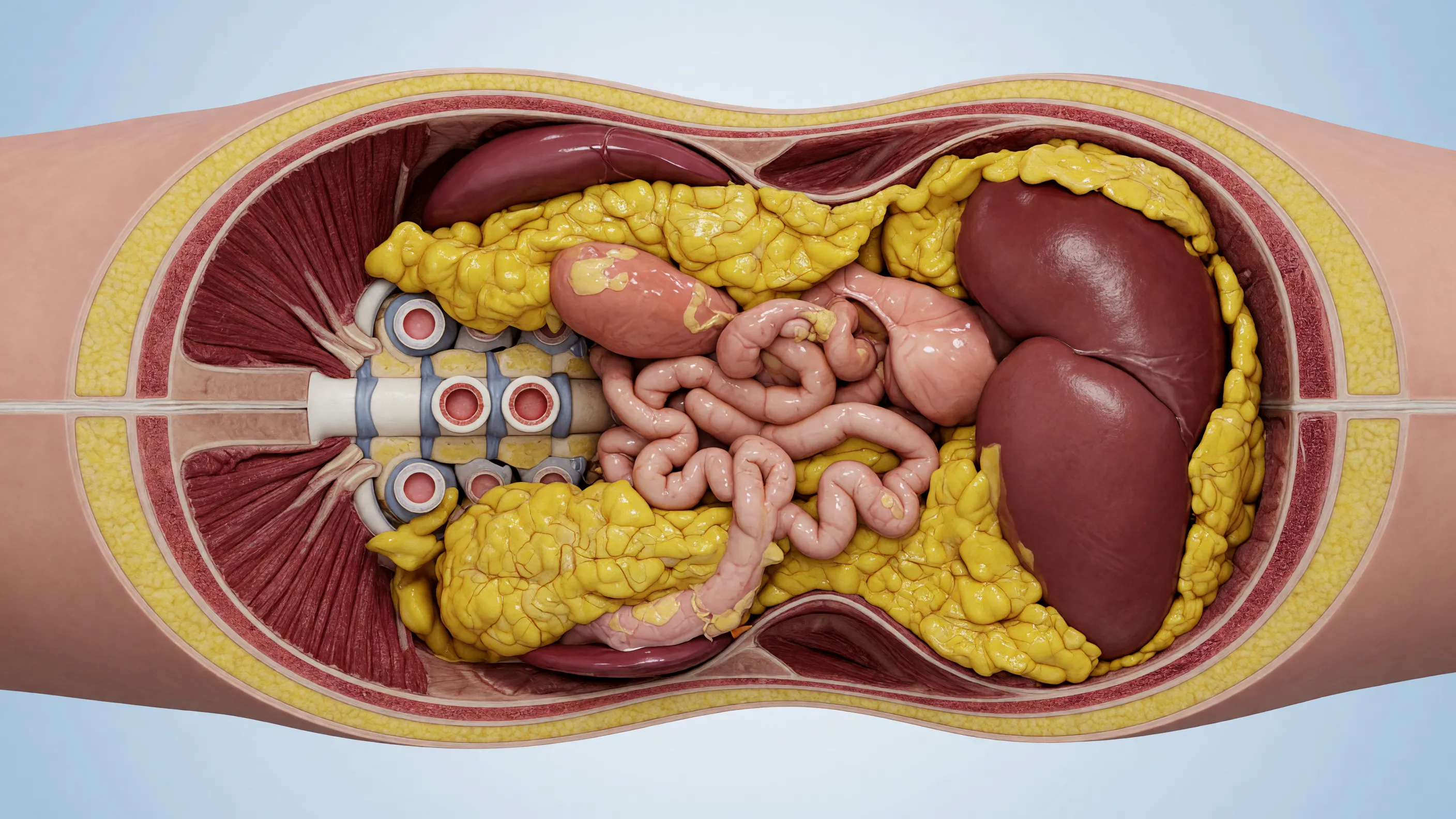 Medical illustration showing dangerous visceral fat surrounding abdominal organs in the human body