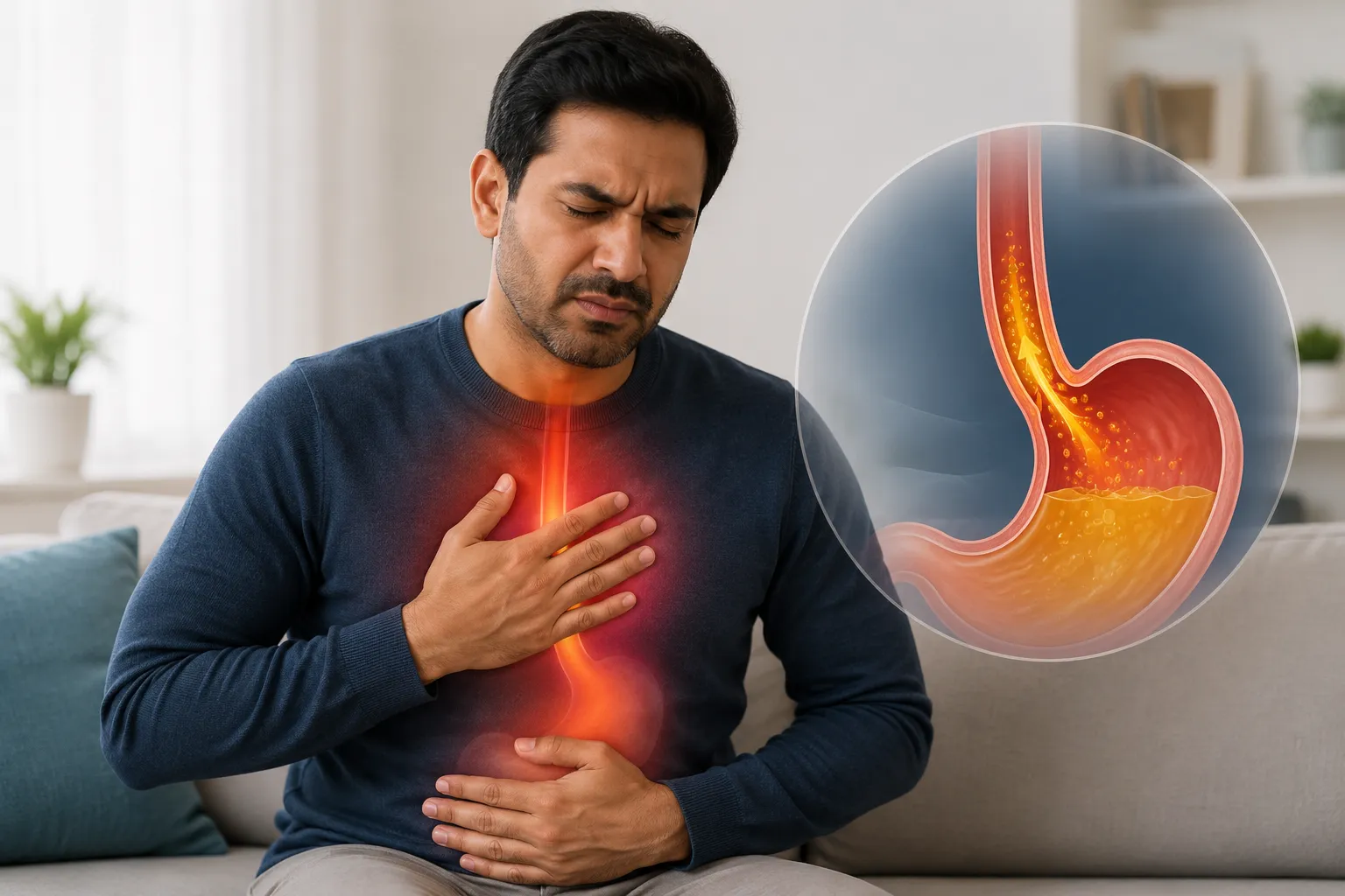 Man clutching his chest from chronic heartburn caused by acid reflux