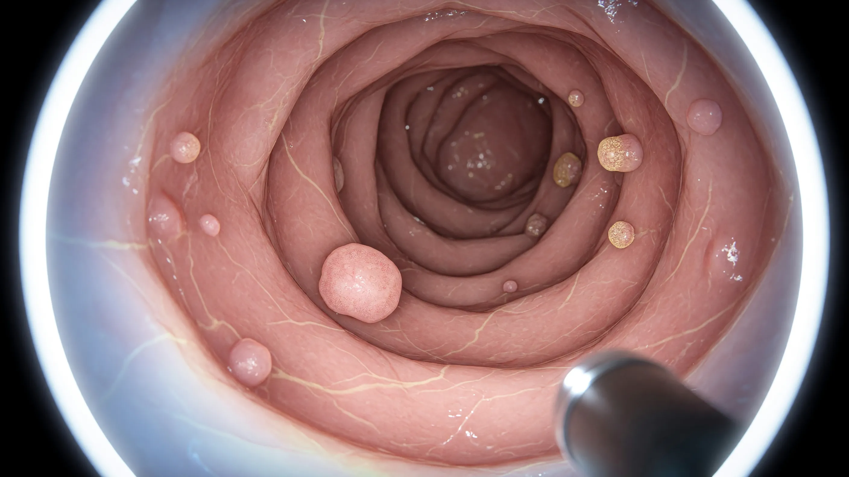 Medical illustration showing colon polyp causes on the intestinal lining during colonoscopy