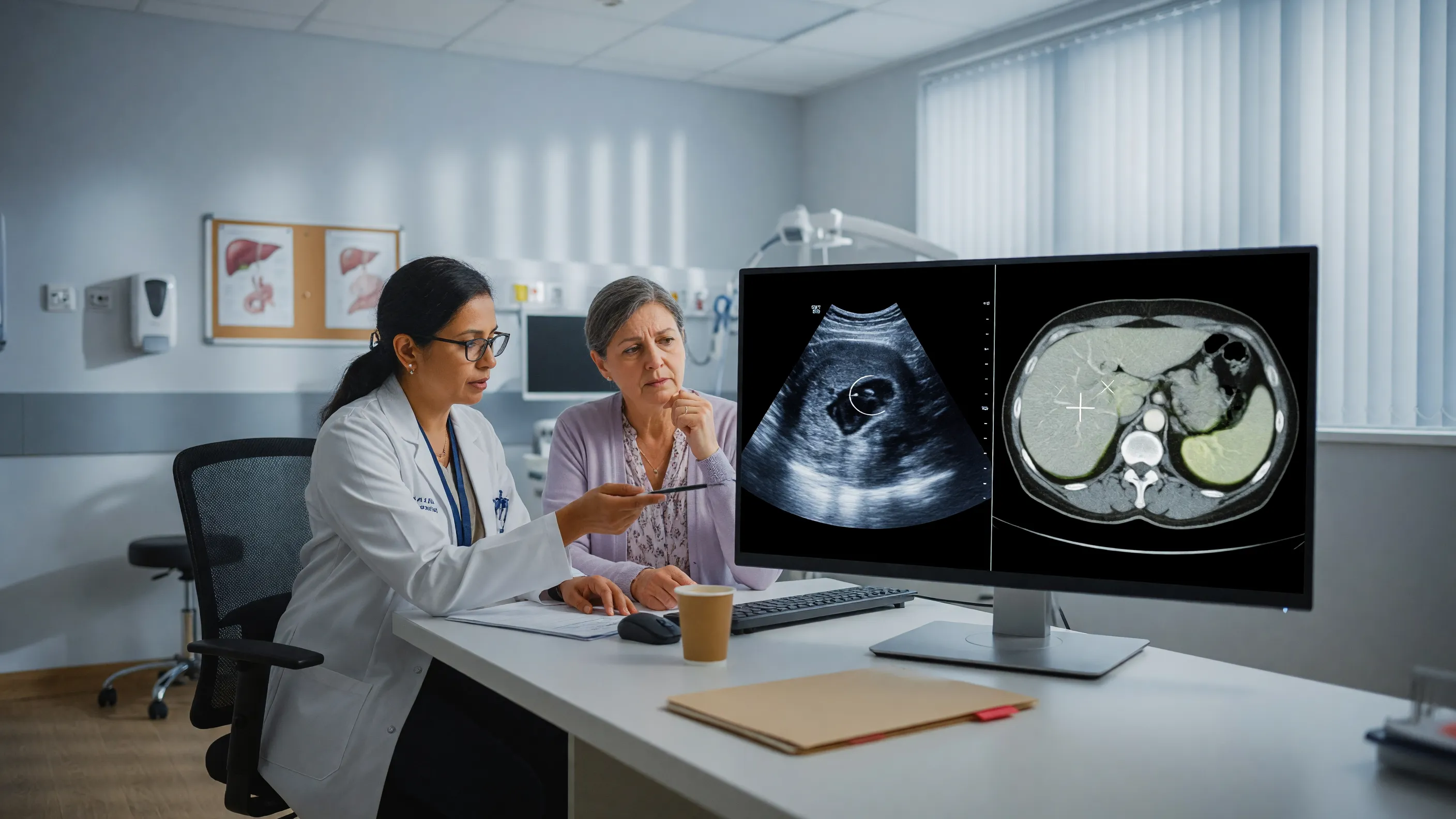 Doctor reviewing liver cyst symptoms on an abdominal ultrasound scan at Lux Hospitals
