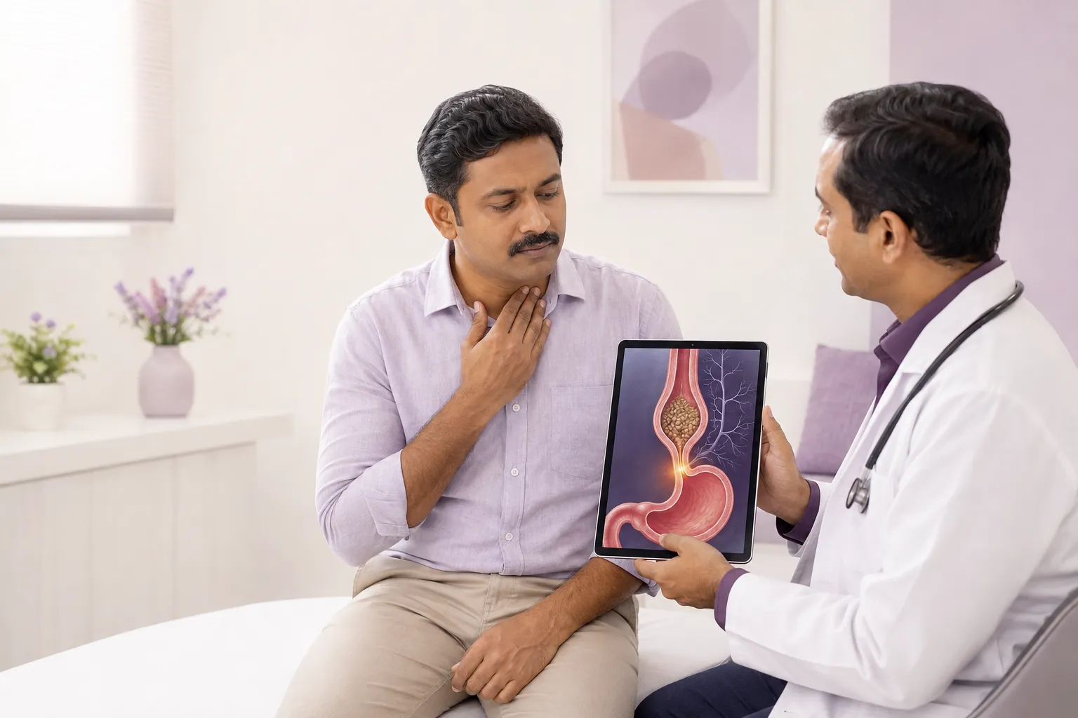 Diagram showing achalasia causes with nerve damage in the esophagus and tight lower esophageal sphincter