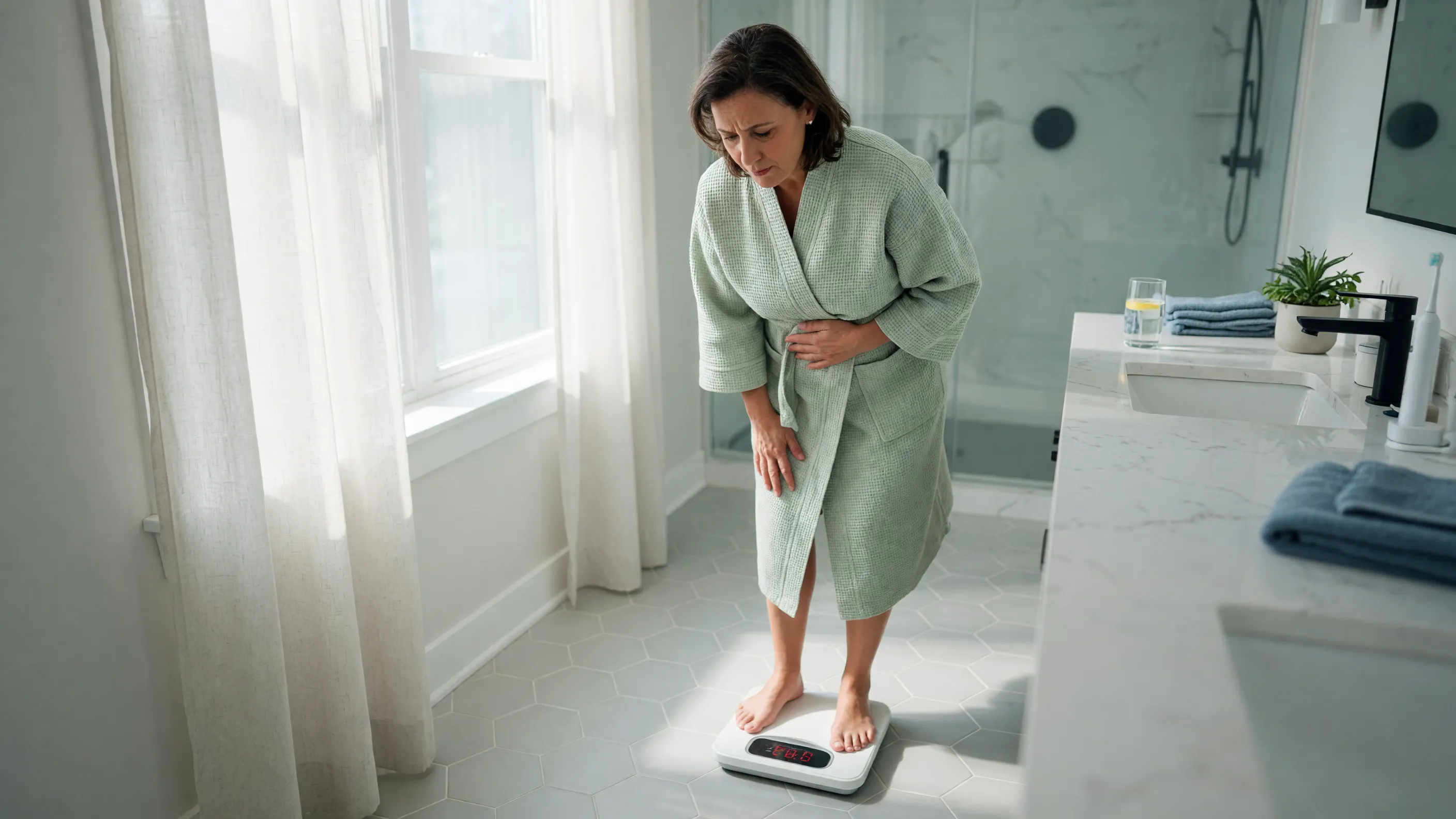 Person confused about gaining weight despite eating less, standing on a bathroom scale