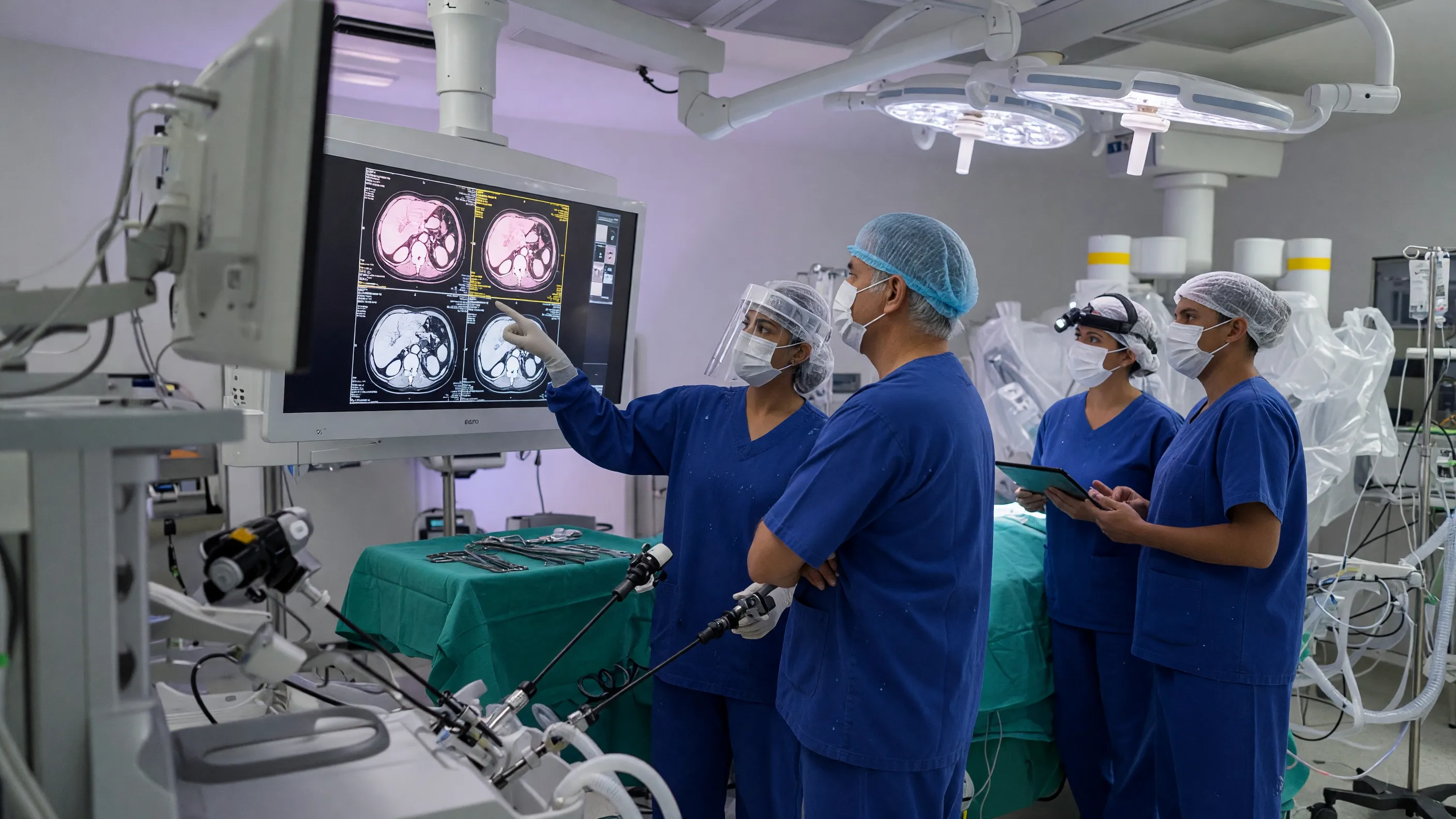 Surgeon reviewing scans during pancreatitis treatment surgery planning at a modern hospital