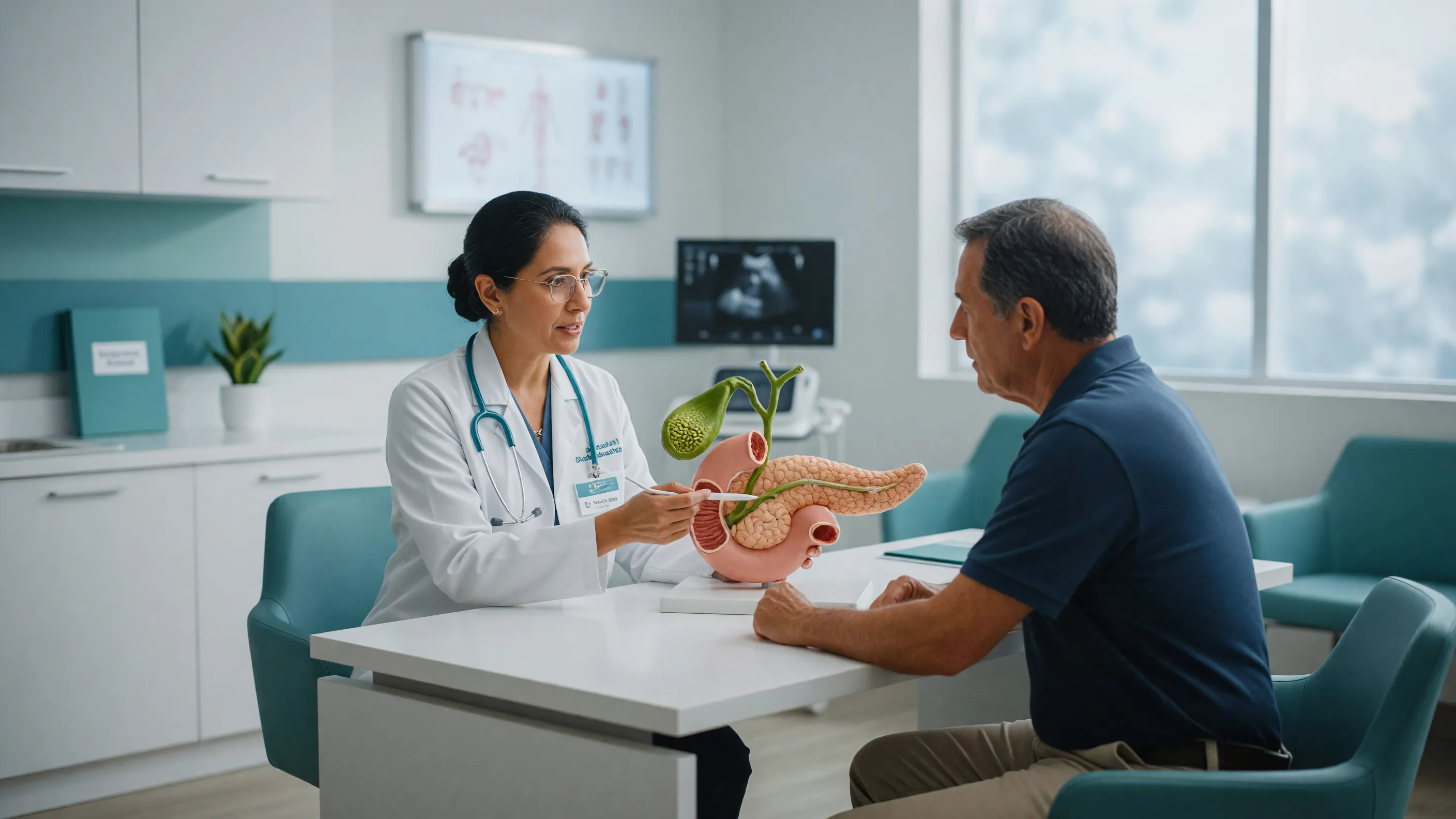 Doctor explaining how gallstones cause pancreatitis using a 3D model of the gallbladder, bile duct and pancreas
