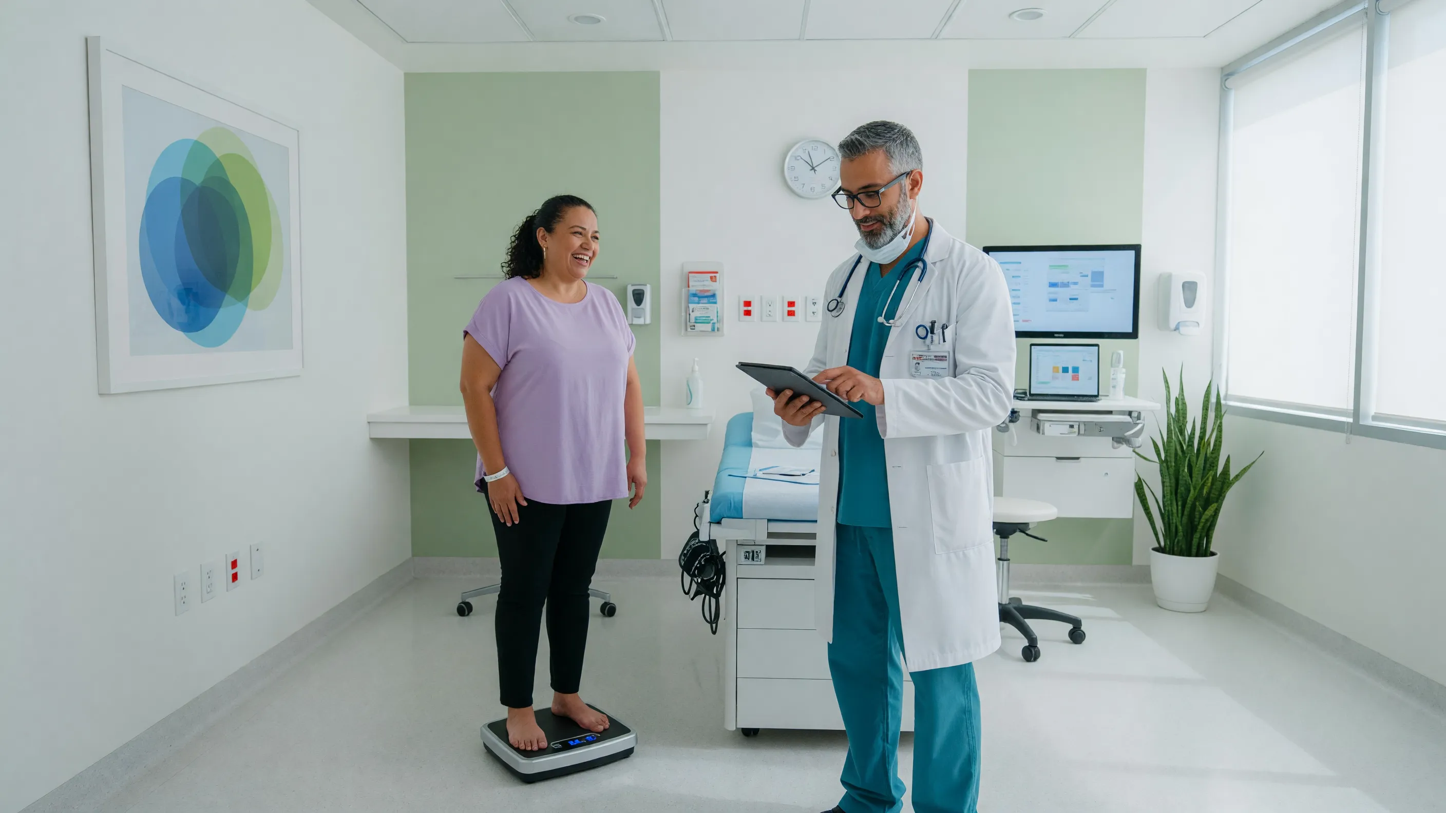 Patient on a scale showing weight loss after bariatric surgery with a supportive surgeon