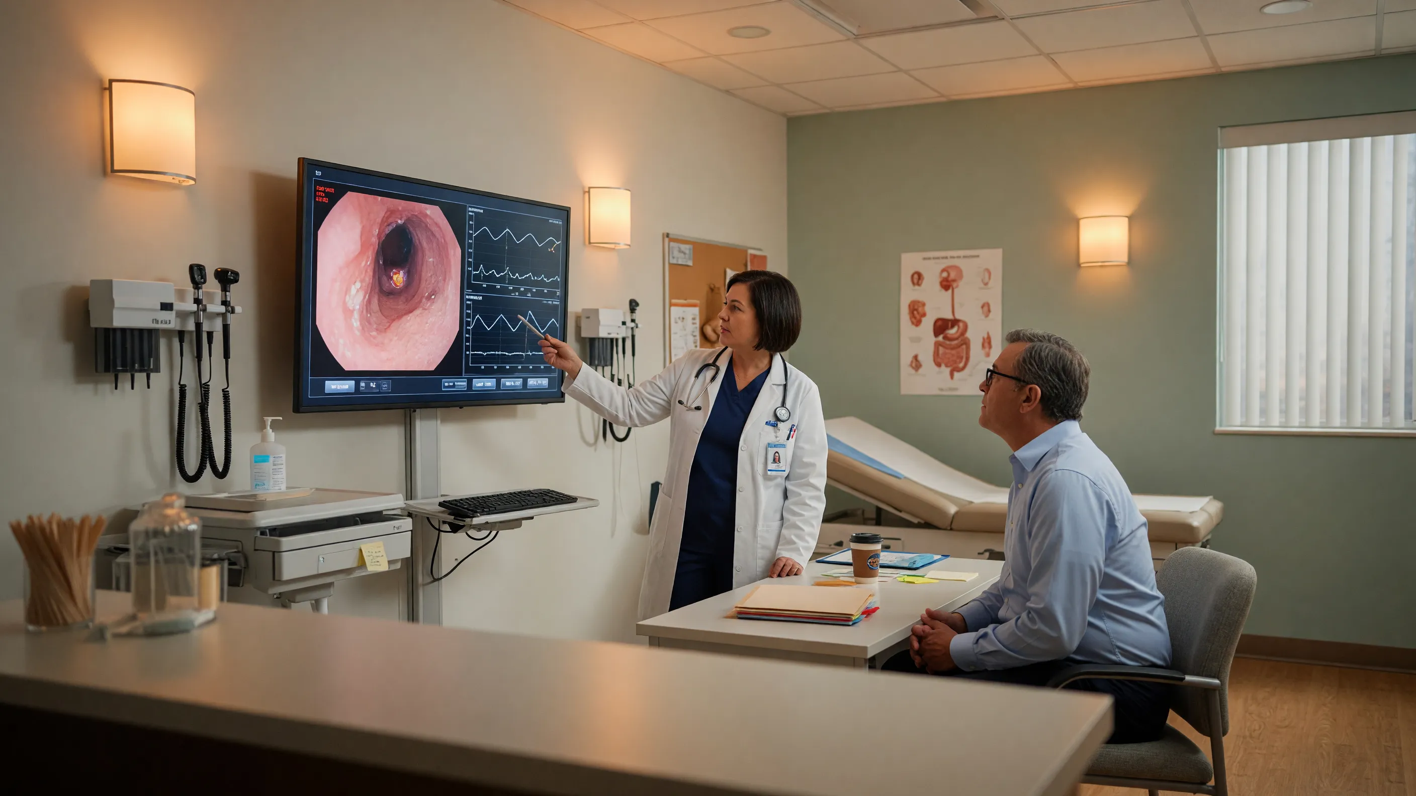 Doctor reviewing esophageal manometry results for achalasia diagnosis with a patient