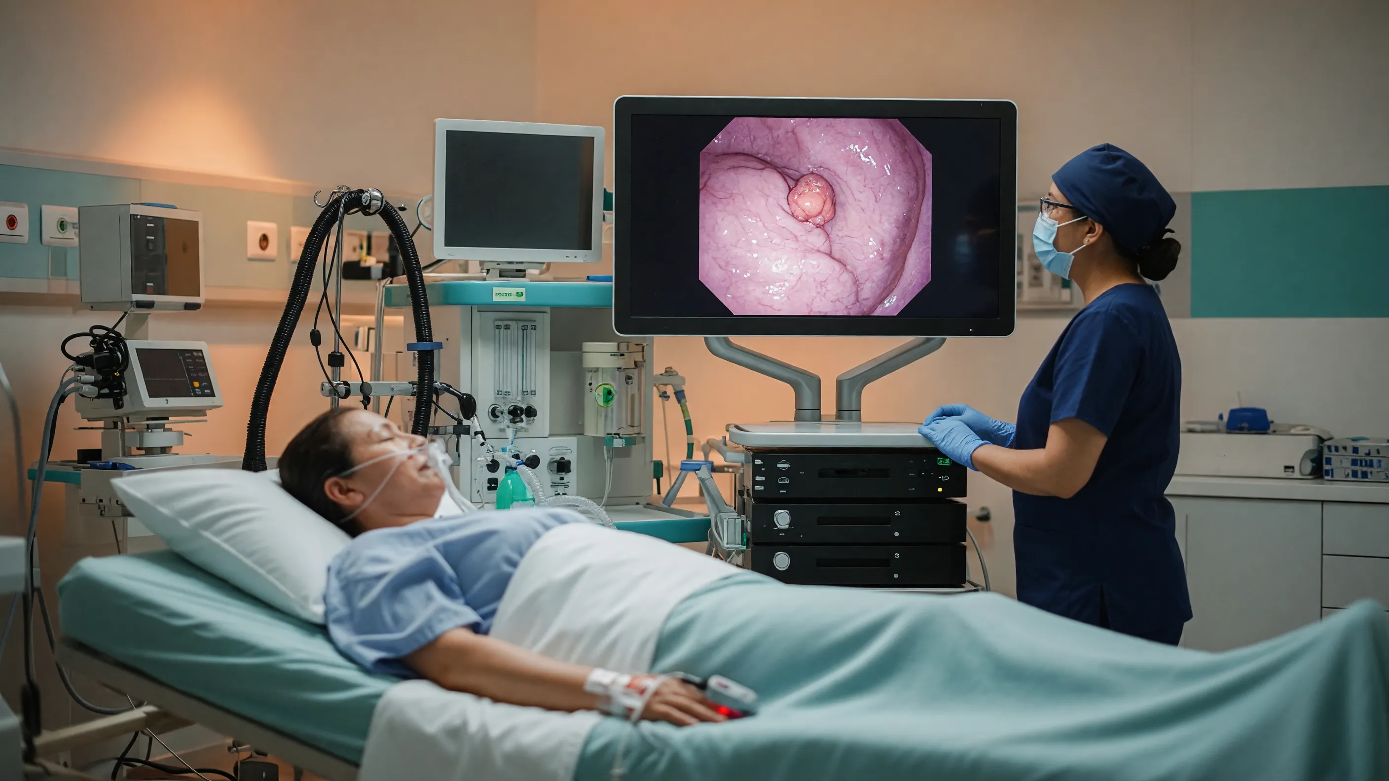 Gastroenterologist reviewing colonoscopy screen during colon polyp removal procedure at Lux Hospitals