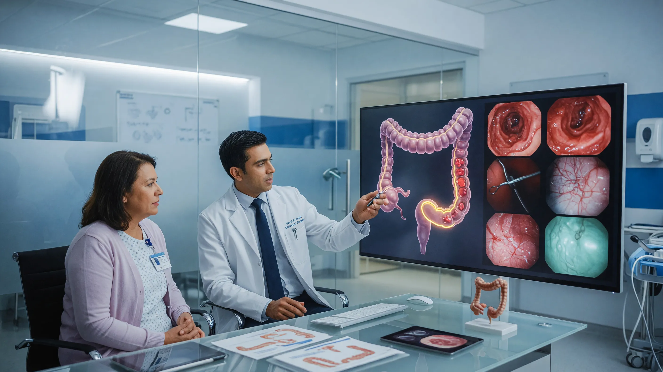 Medical illustration showing colon cancer causes and risk factors in the large intestine