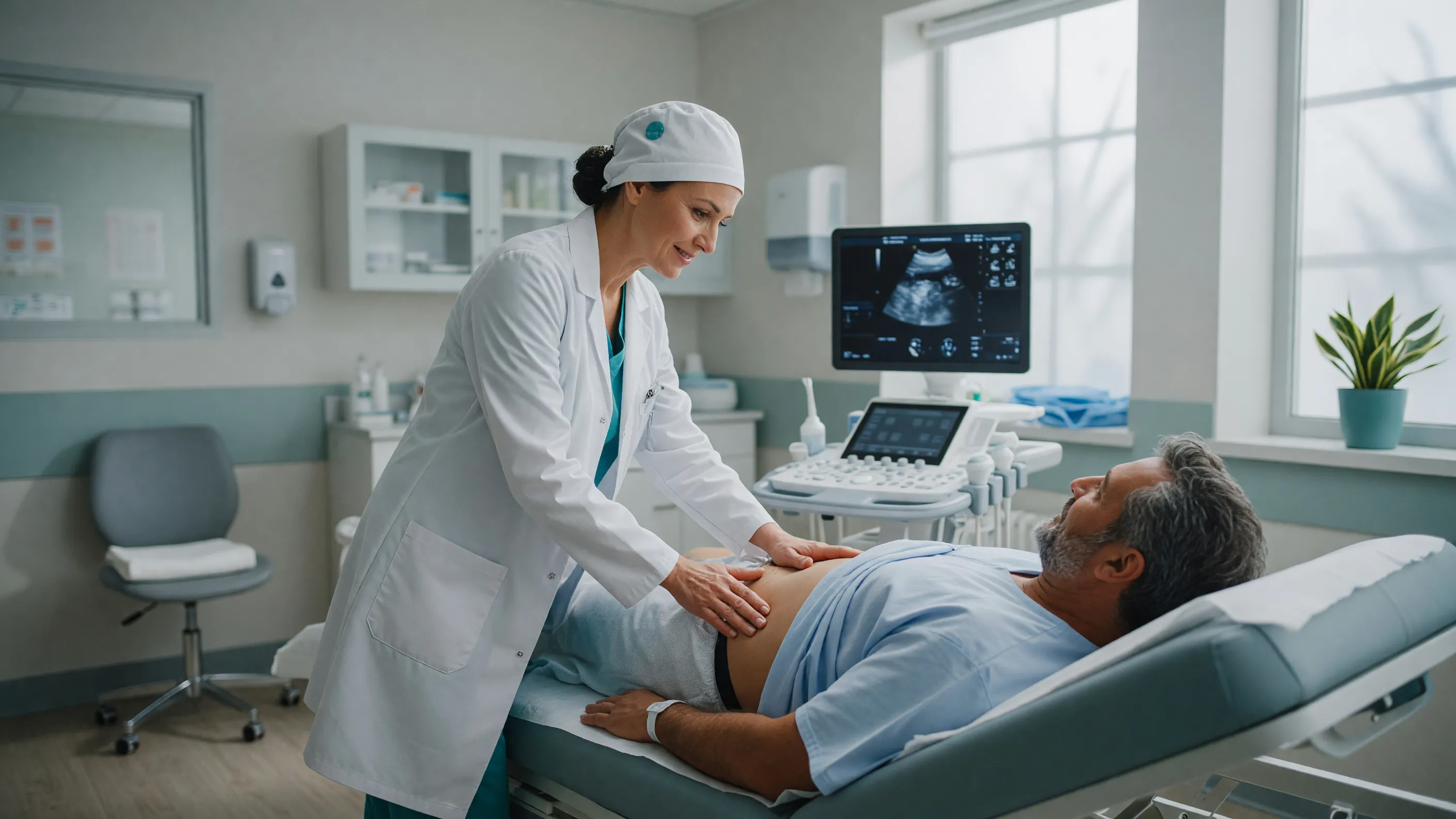 Doctor examining a patient's abdomen to identify lump in abdomen causes such as hernia or lipoma