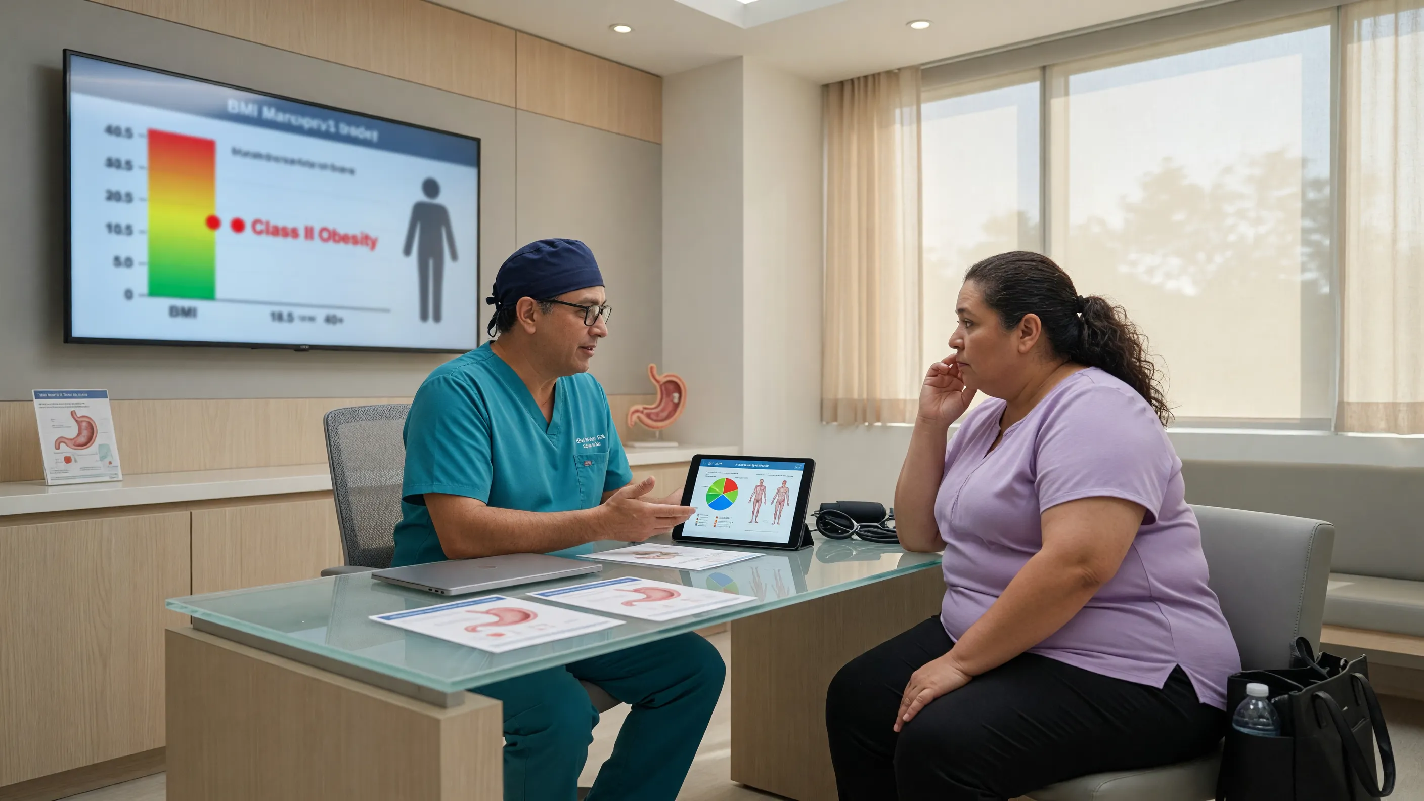 Bariatric surgeon consulting a patient about signs they may be a candidate for weight loss surgery