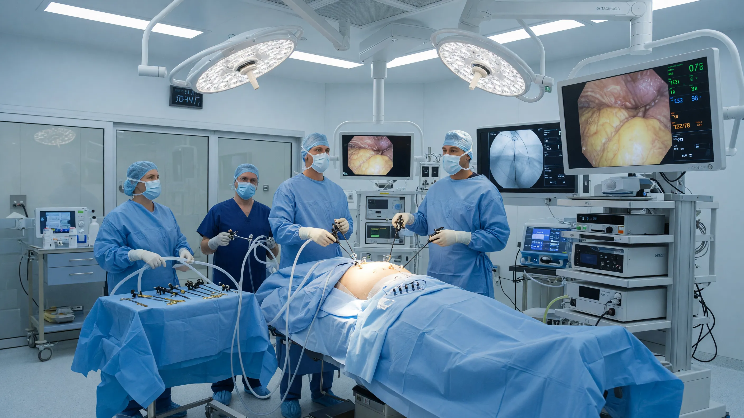 Surgical team performing gastric bypass surgery in a modern operating room at Lux Hospitals