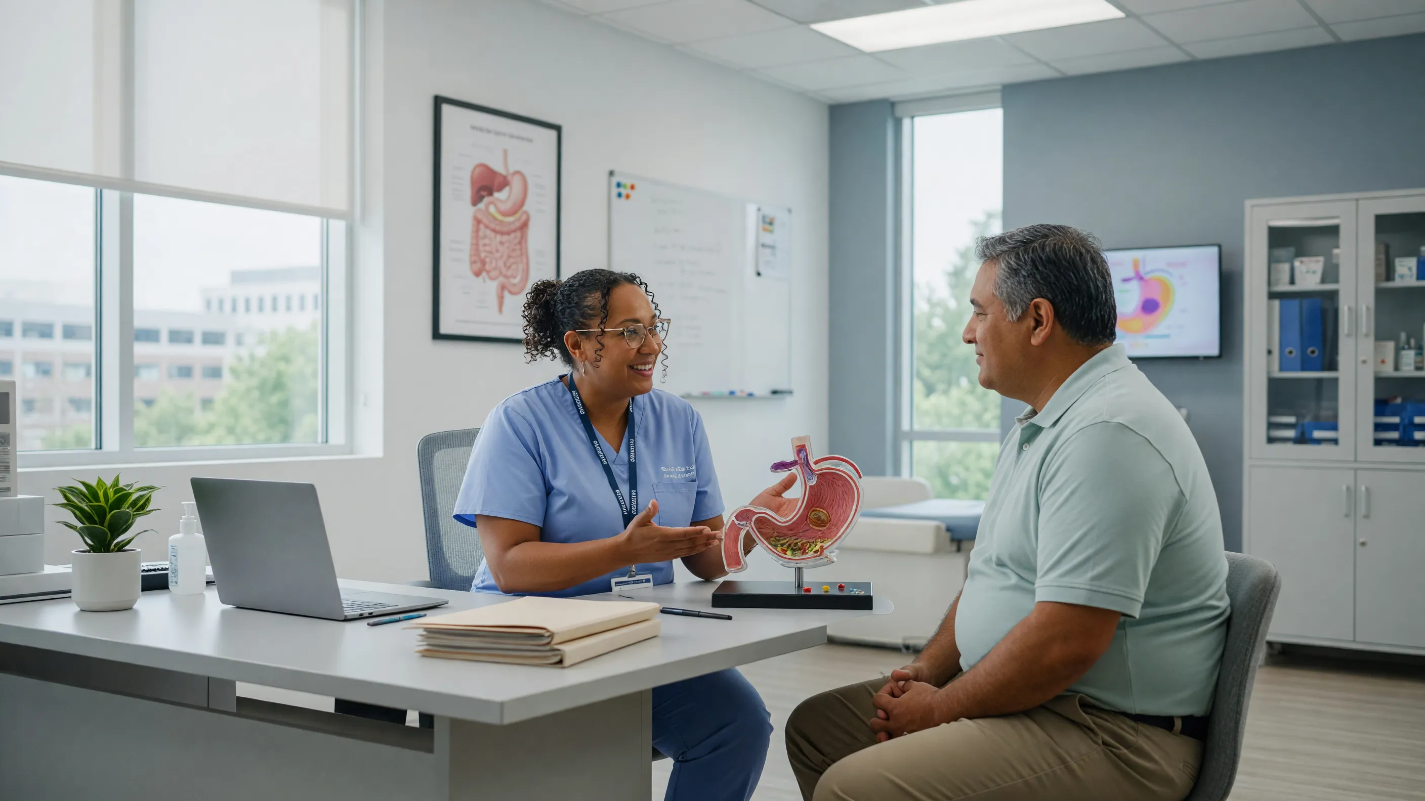 Surgeon explaining bariatric surgery options for weight loss to a patient in a modern hospital