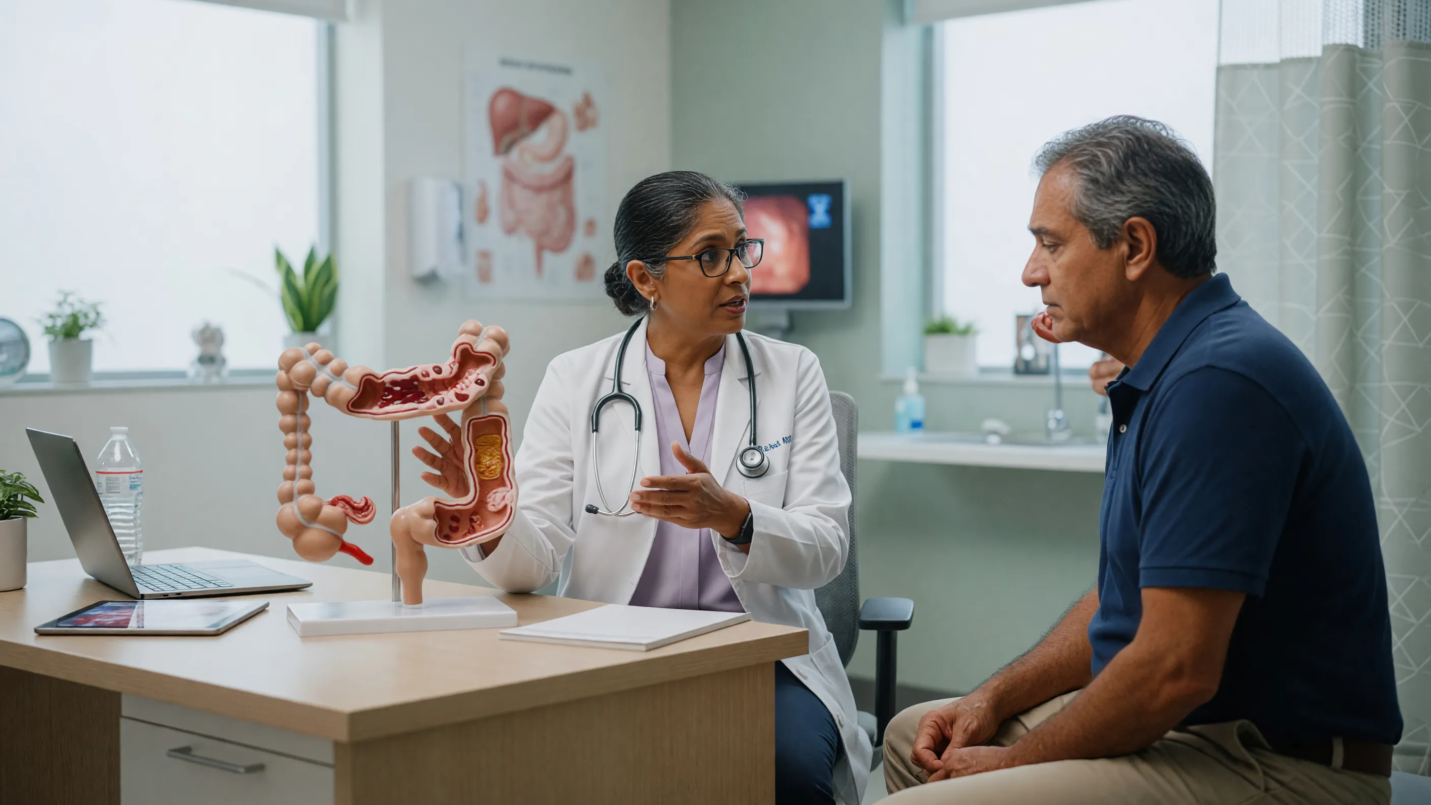 Doctor explaining ulcerative colitis symptoms and inflamed colon to a patient at a hospital
