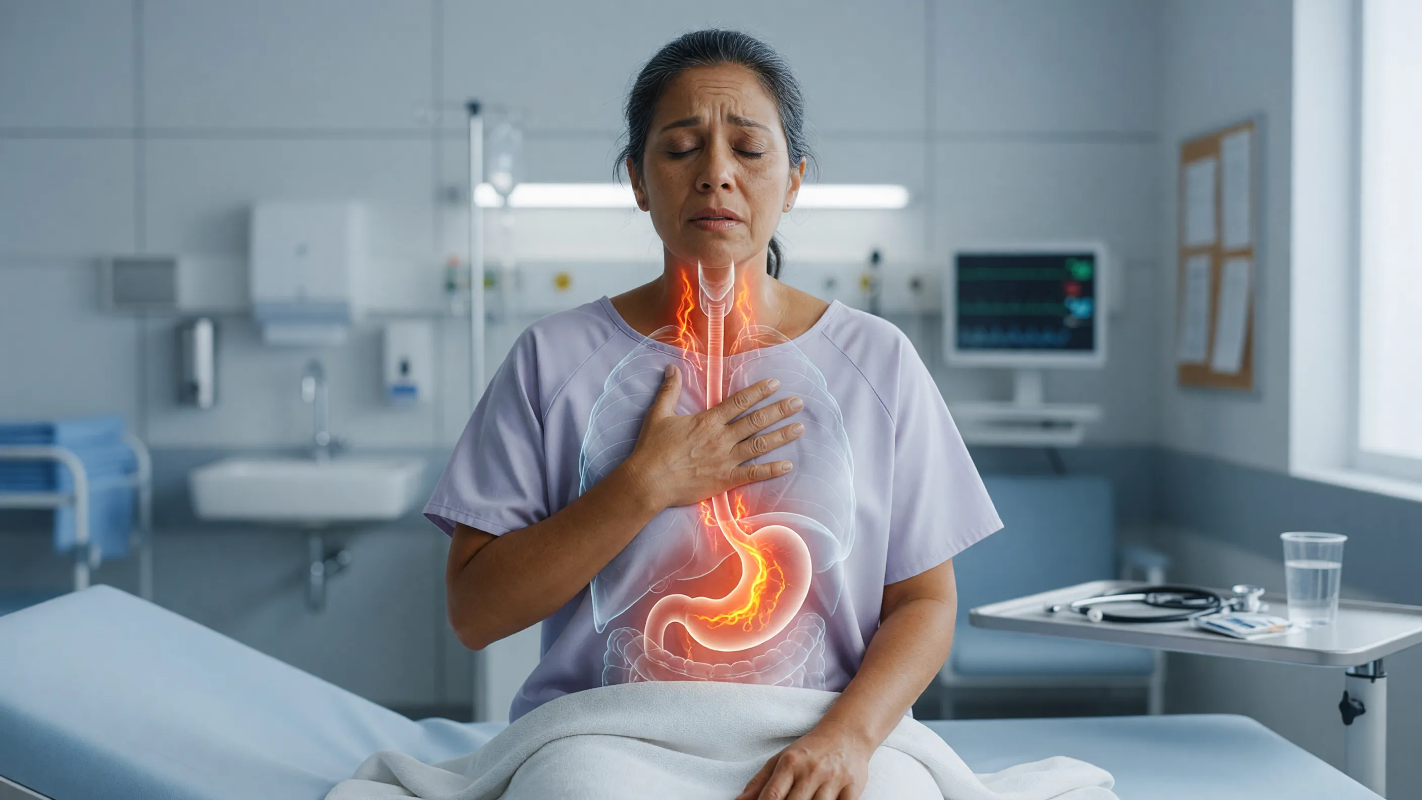 Woman experiencing GERD symptoms with chest discomfort from acid reflux