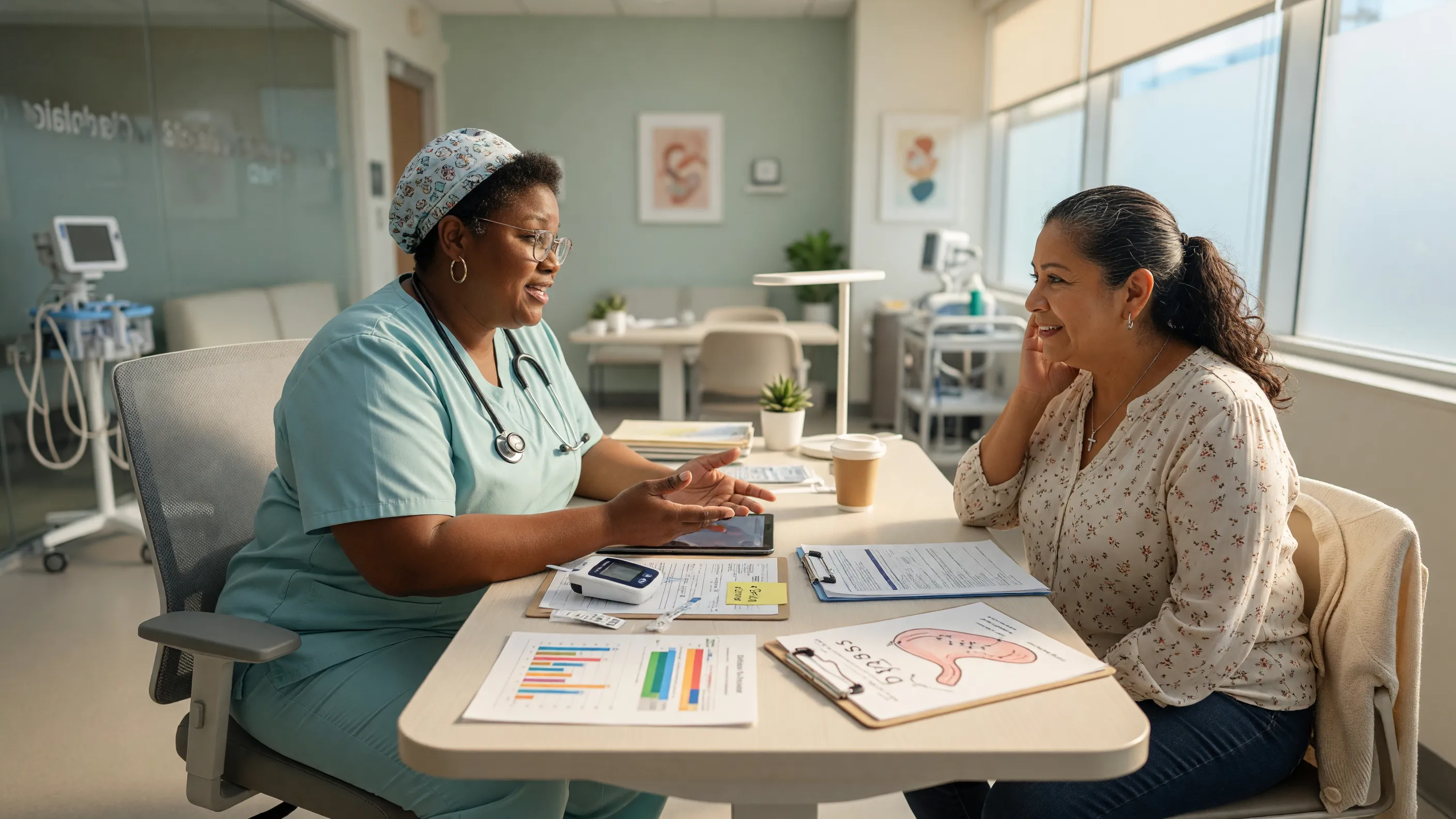 Surgeon explaining how bariatric surgery can reverse type 2 diabetes to a patient