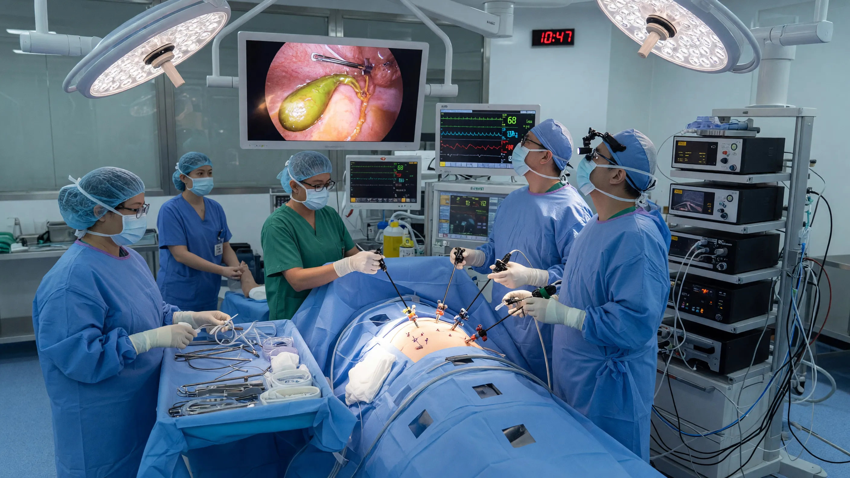 Best gallbladder surgeon in Hyderabad performing minimally invasive laparoscopic cholecystectomy in a modern operating room