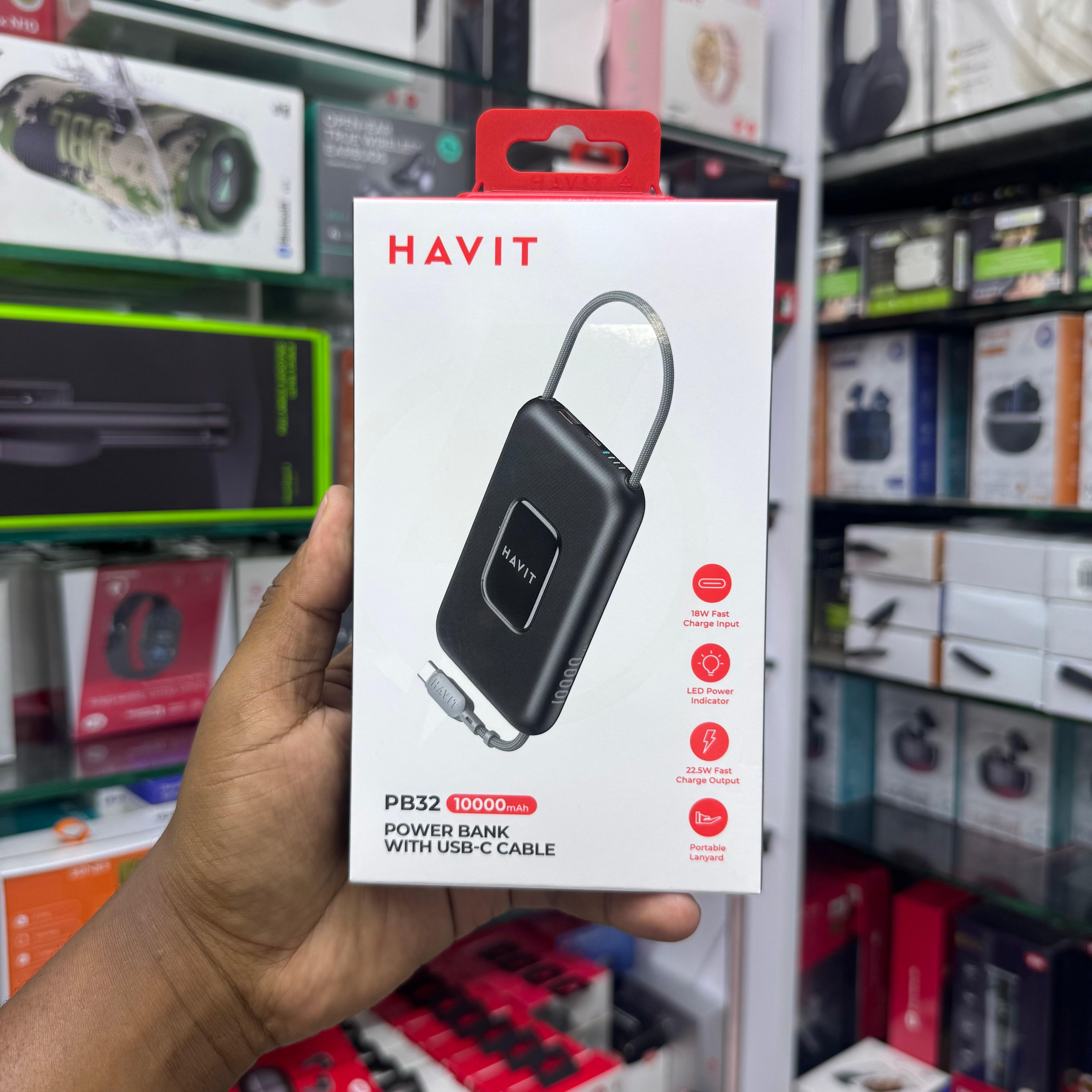 Havit Pb32 10000mAh Fast Charging Portable Powerbank with attached braided cable