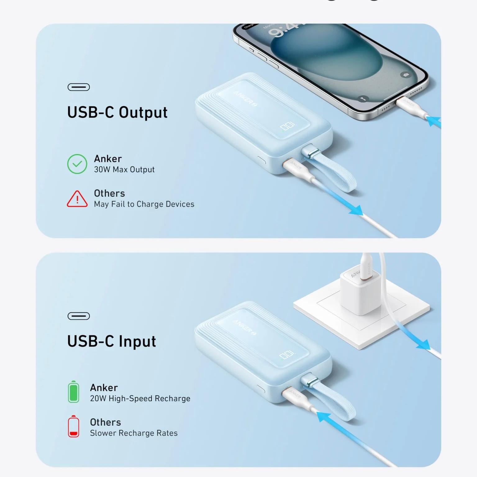 Anker Zolo 30W 10000mAh Fast Charging Powerbank with attached type C braided cable image 3