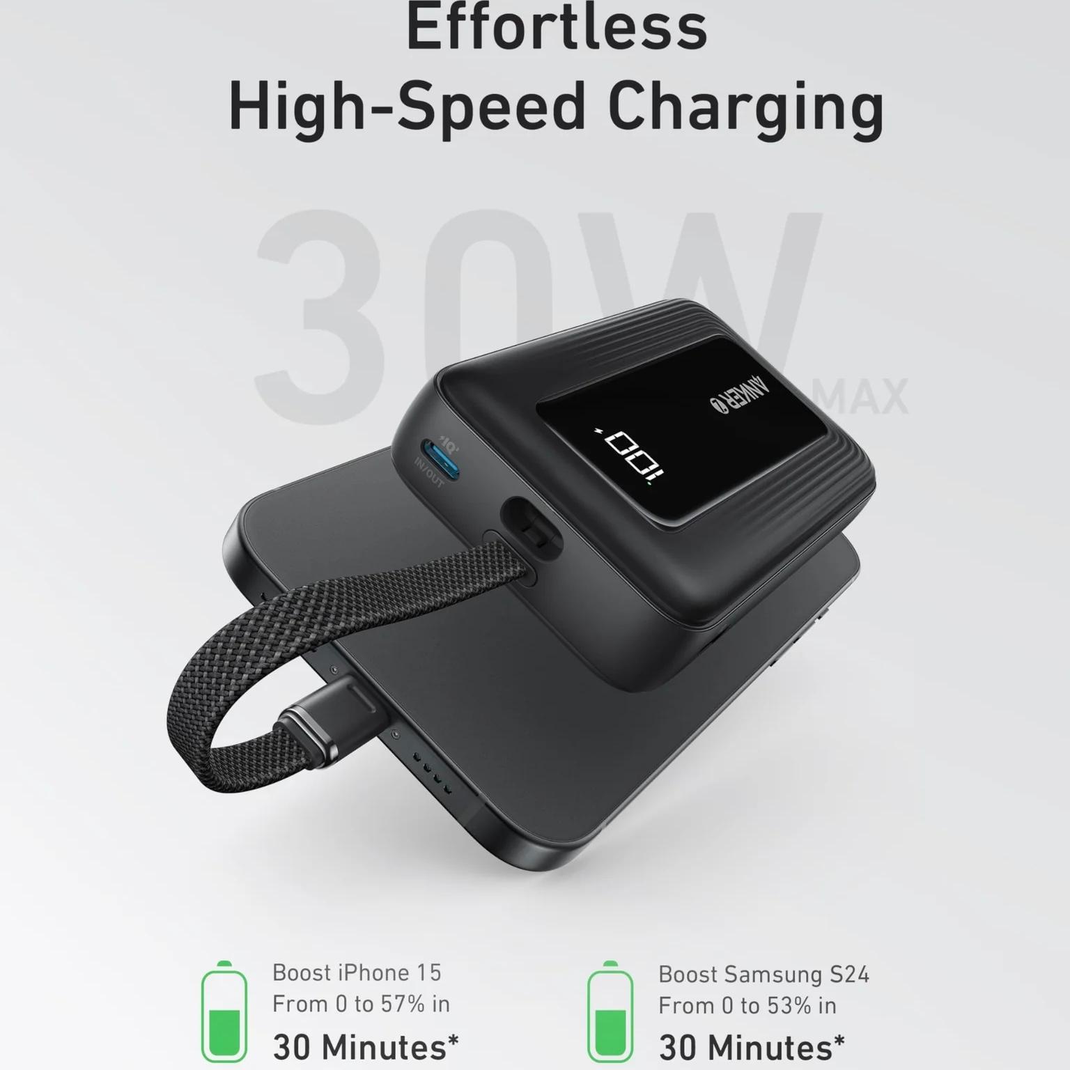 Anker Zolo 30W 10000mAh Fast Charging Powerbank with attached type C braided cable image 2