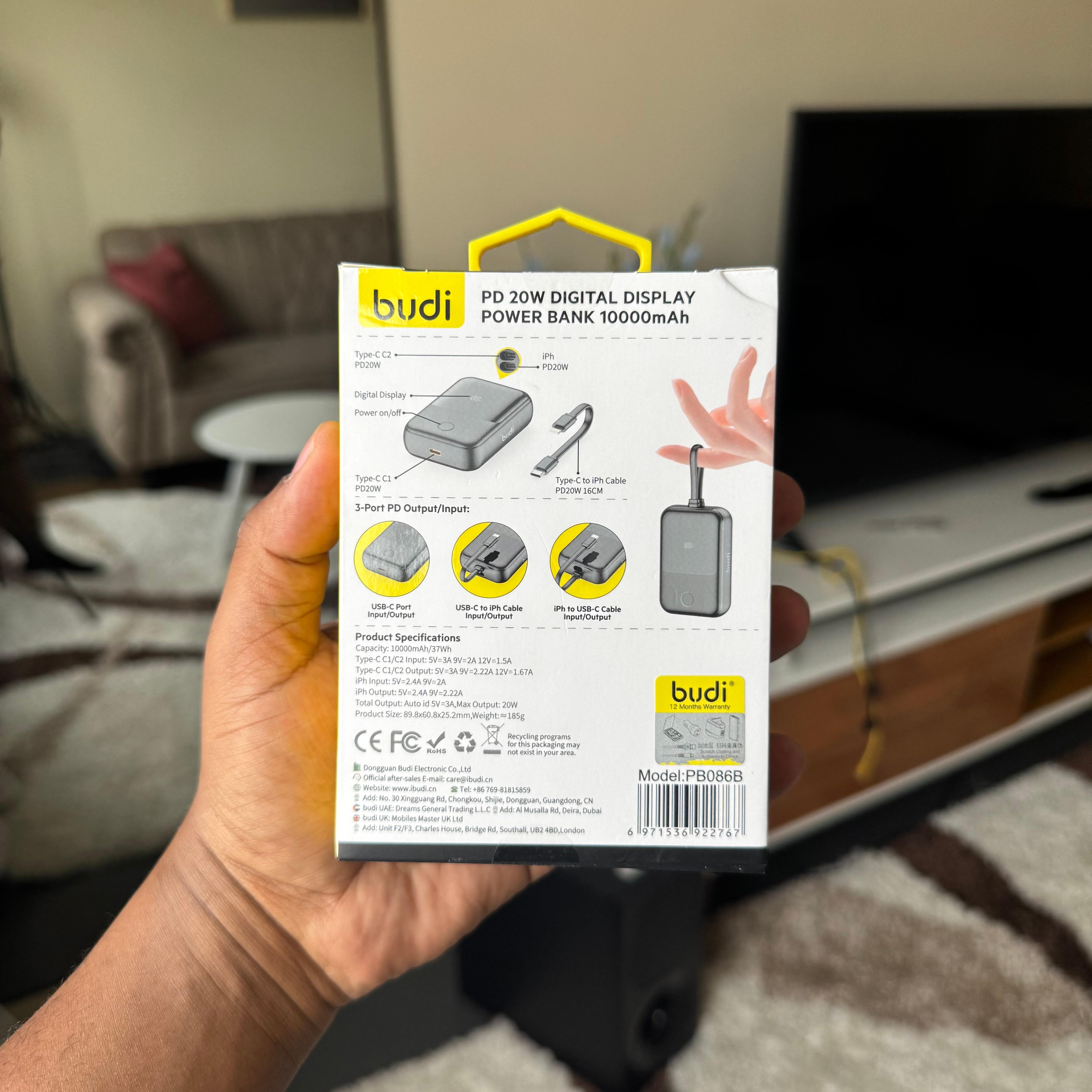 Budi 10000mAh portable powerbank with attached multifunctional cable image 5