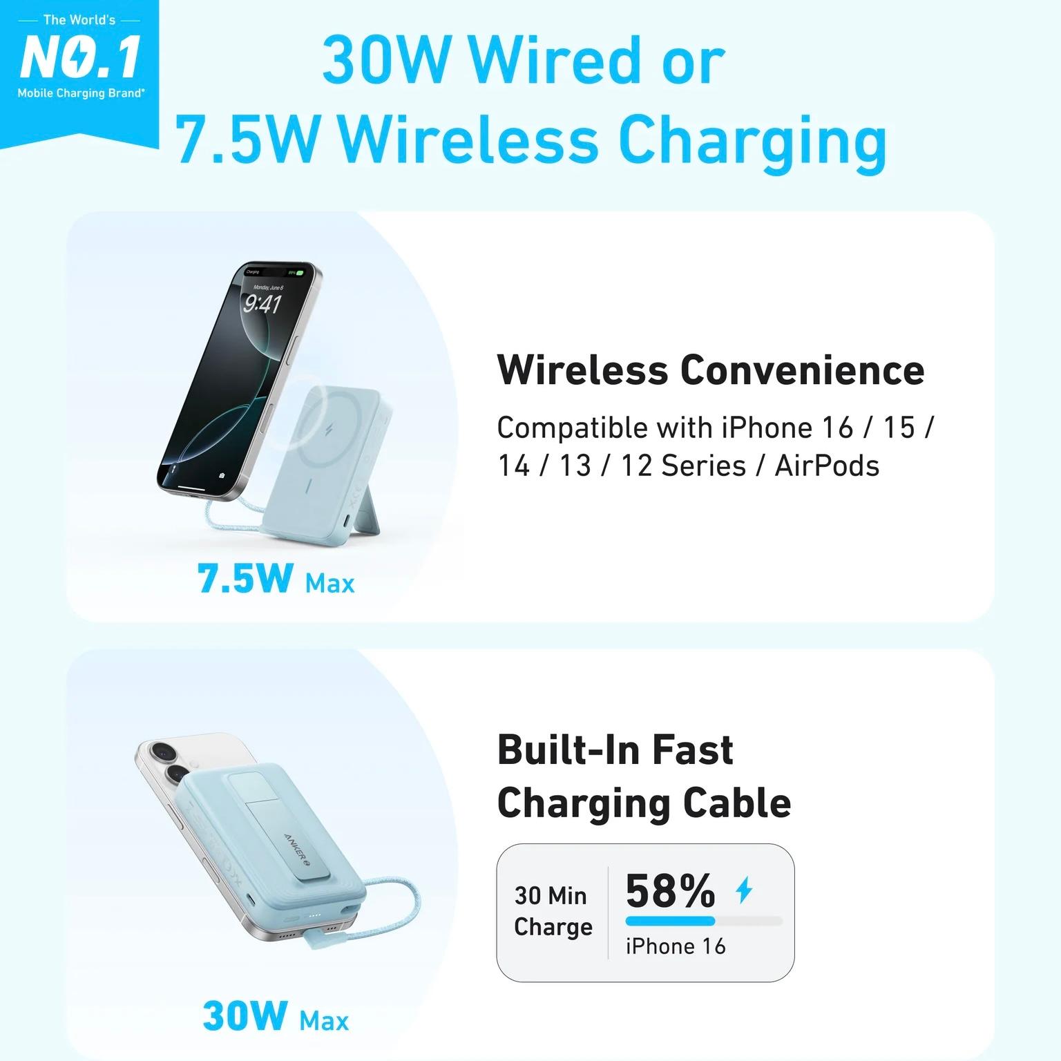 Anker Zolo Magnetic Power Bank (10K,30W,Built-in USB-C Cable) image 3