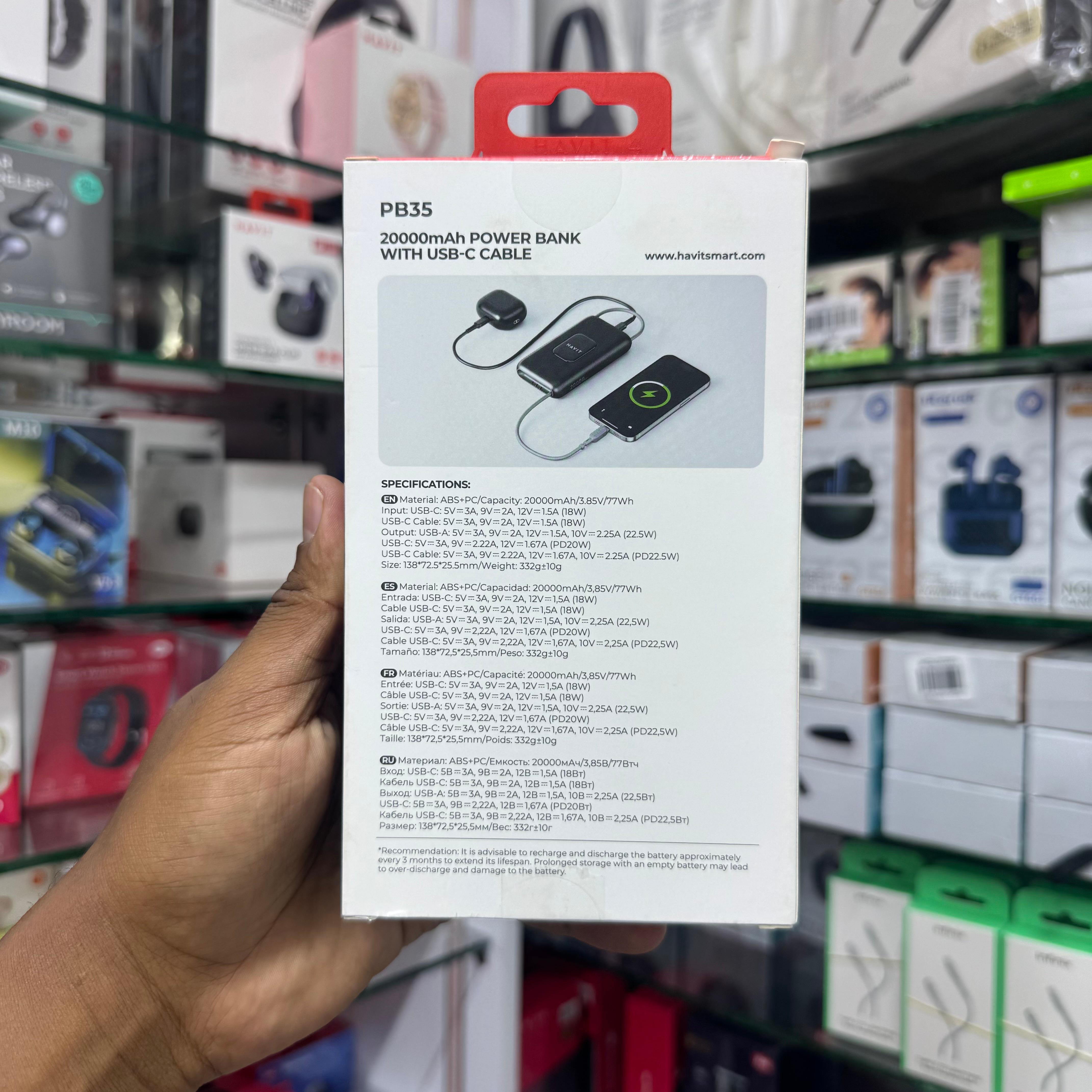 Havit Pb35 20000mAh Fast Charging Portable Powerbank with attached braided cable image 2