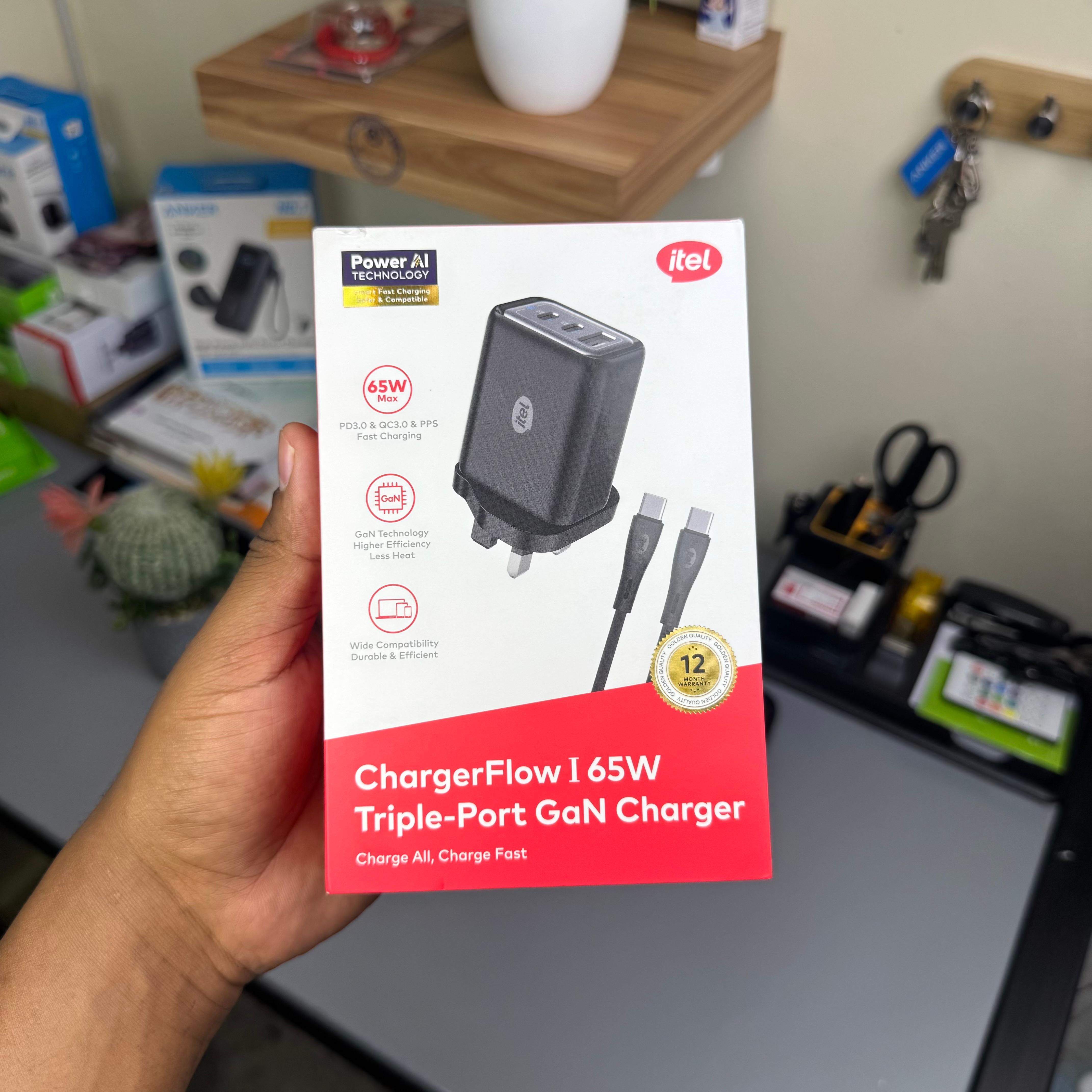 Itel Charger Flow I 65W Tripple Port GaN Phone and Laptop Charger