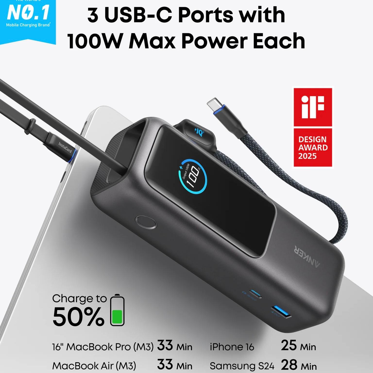 Anker Laptop Power Bank (25K, 165W, Built-In and Retractable Cables) image 3