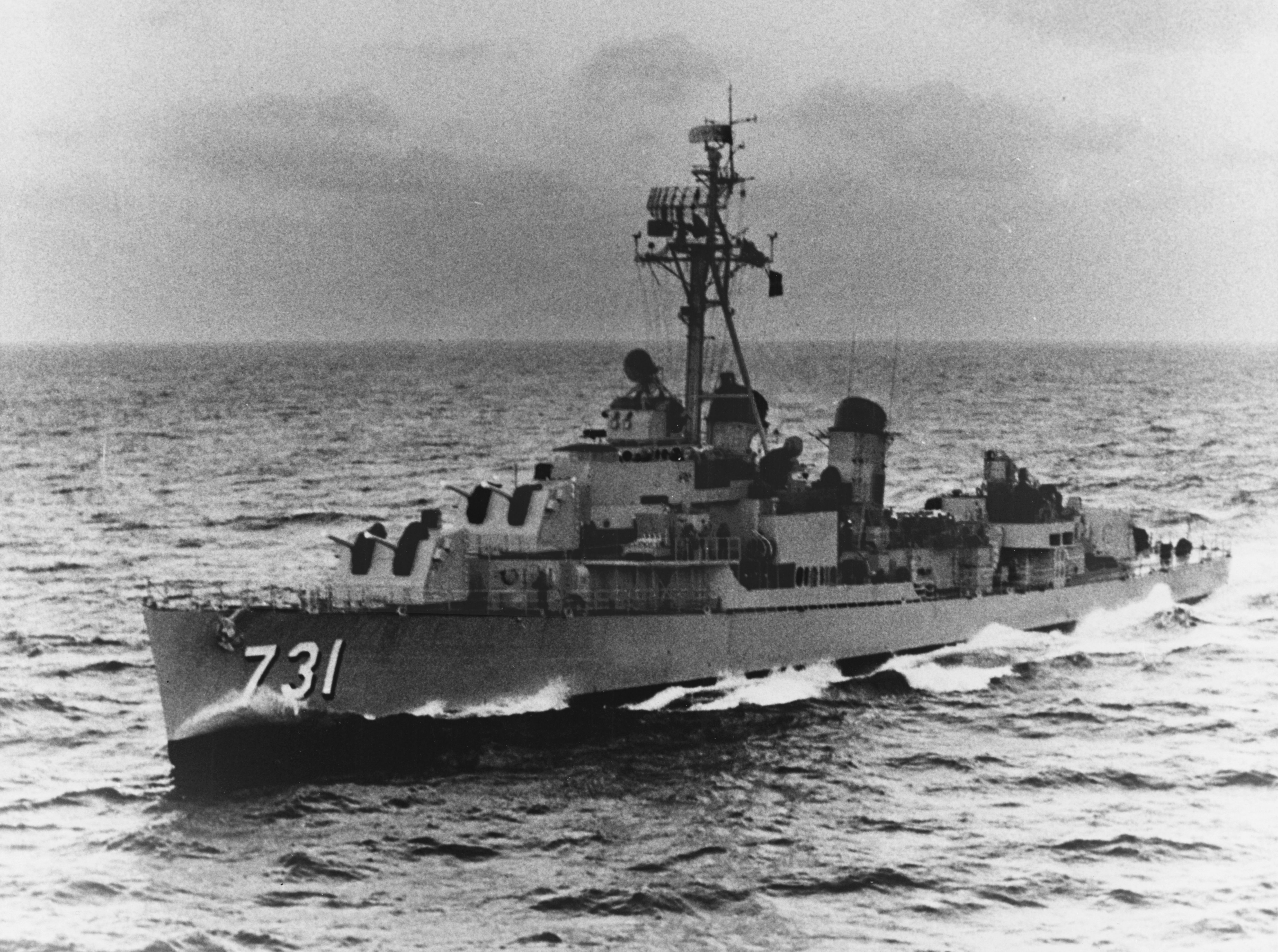 USS Maddox underway at sea in the early 1960s, the destroyer involved in the 2 August 1964 Gulf of Tonkin incident