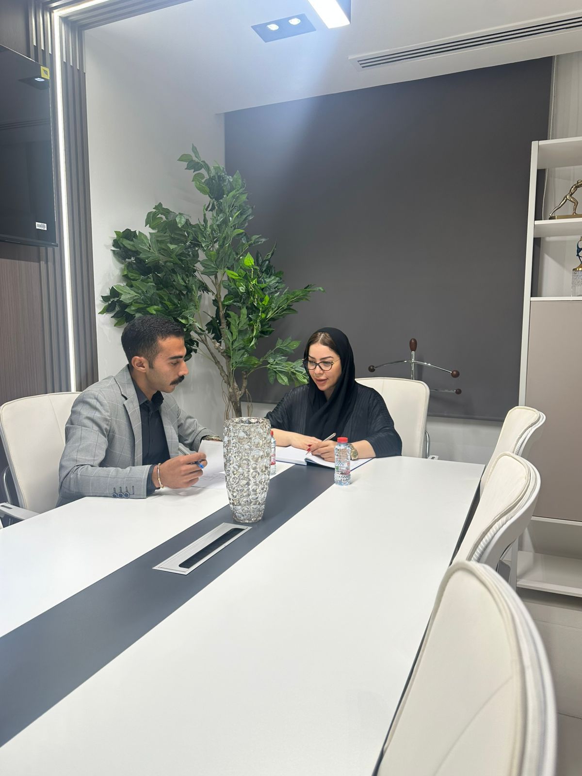 Dr. Faten and a colleague reviewing documents at the conference table
