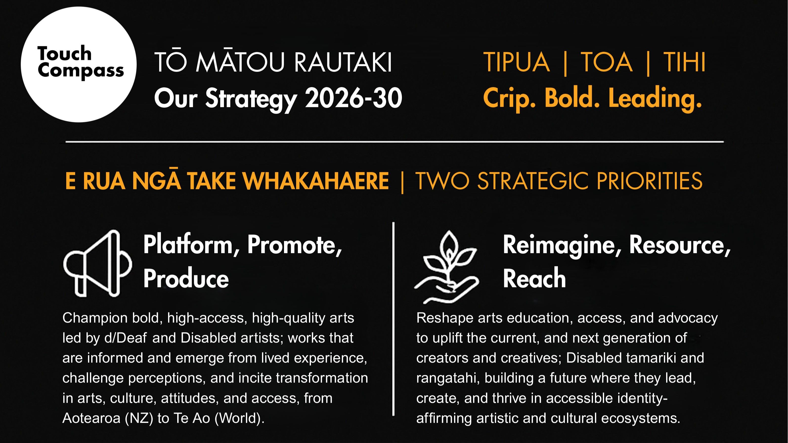A cropped image of the one pager of Touch Compass TIPUA TOA TIHI Crip Bold Leading strategy 2026-2030, the Touch Compass black and white logo appears top left.