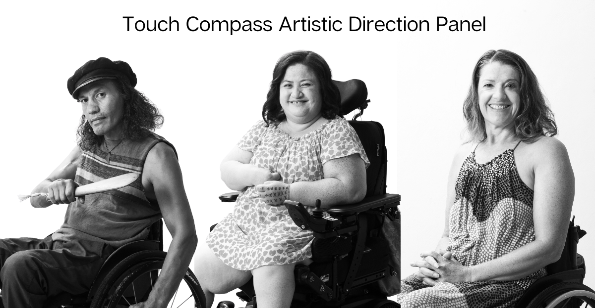 Three people in wheelchairs seated in a line: Rodney Bell, a Māori man with long dark hair, holding a patu, looking serious; Lusi Faiva, a Samoan/Pākēha woman with dark hair and traditional Samoan tattoos on her left hand, holding back a laugh; Suzanne Cowan, a Pākēha woman with light, shoulder-length hair with hands folded in her lap, with a big smile.