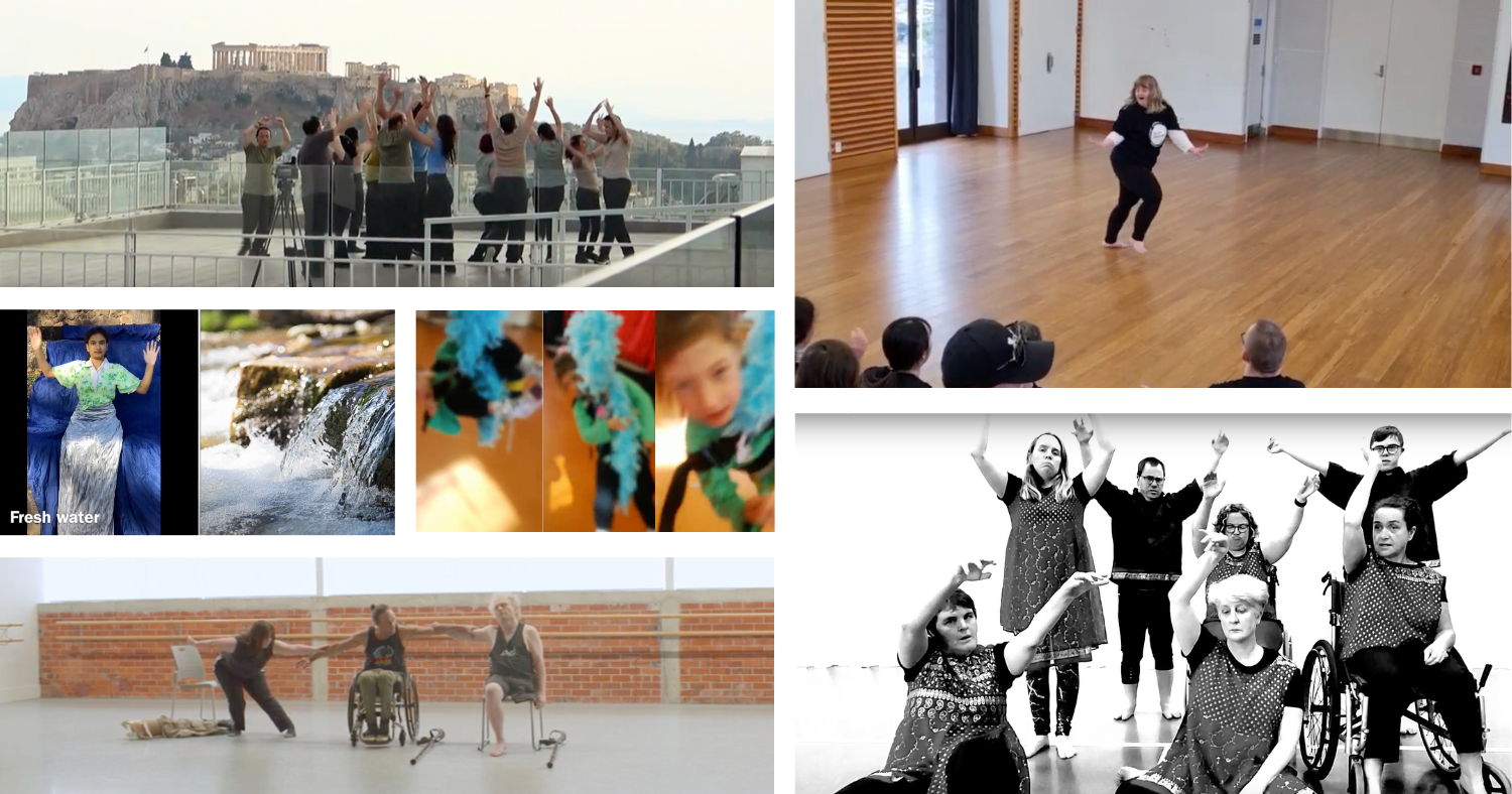 five separate photos of different images depicted in TC's July newsletter: Group photos in Greece with the Acropolis in the background; a girl leaning against a rock, her hands in the air, next to a babbling brook; a solo dancer in a studio with a wood floor; Three dancers linking arms together, sitting in various poses; a group of dancers with hands up in the air, sitting on the ground and in wheelchairs, with some standing behind them, in a black and white photo.